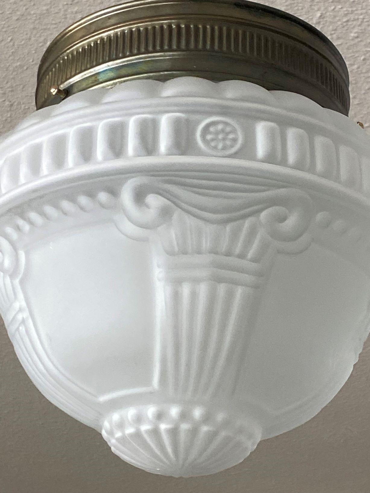 French Art Deco Frosted High Relief Glass Two-Light Ceiling Light Fixture, 1930s For Sale 2