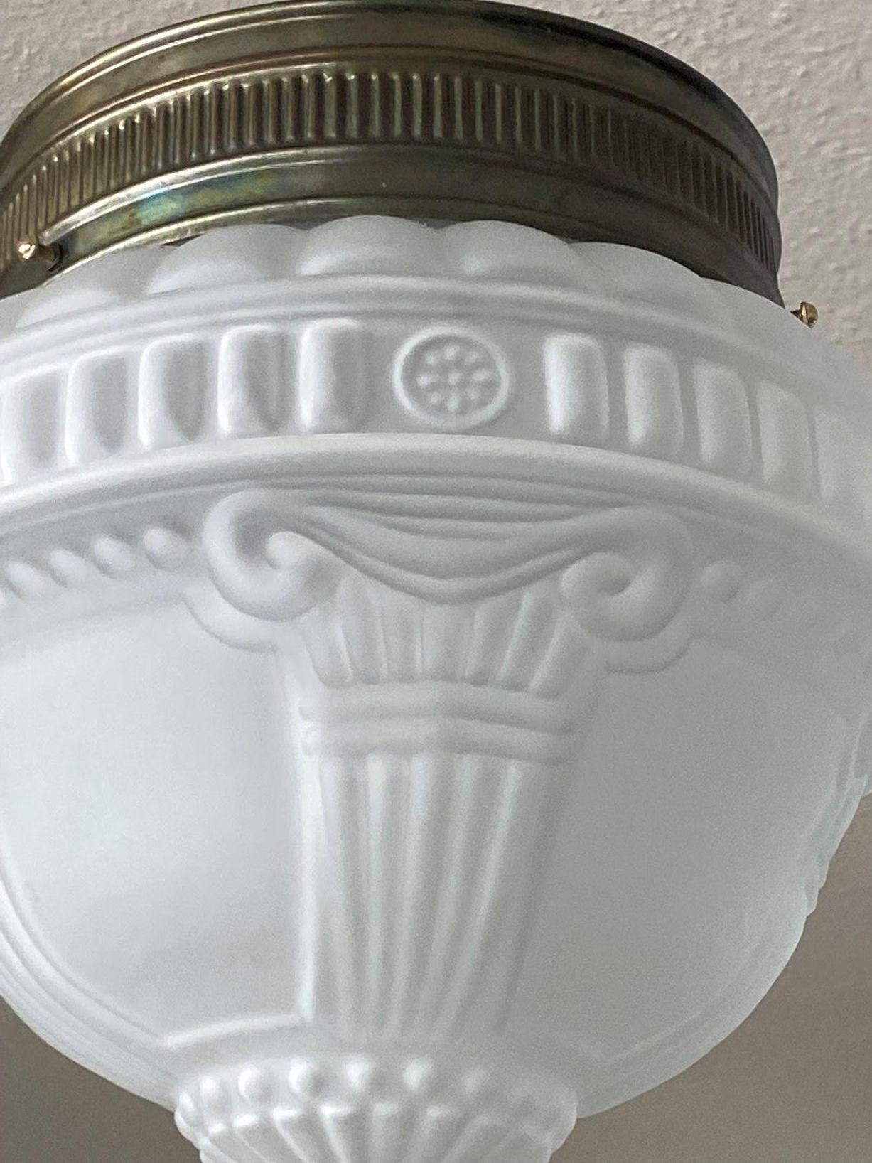French Art Deco Frosted Art Glass Two-Light Flush Mount Ceiling Light, 1930s For Sale 3