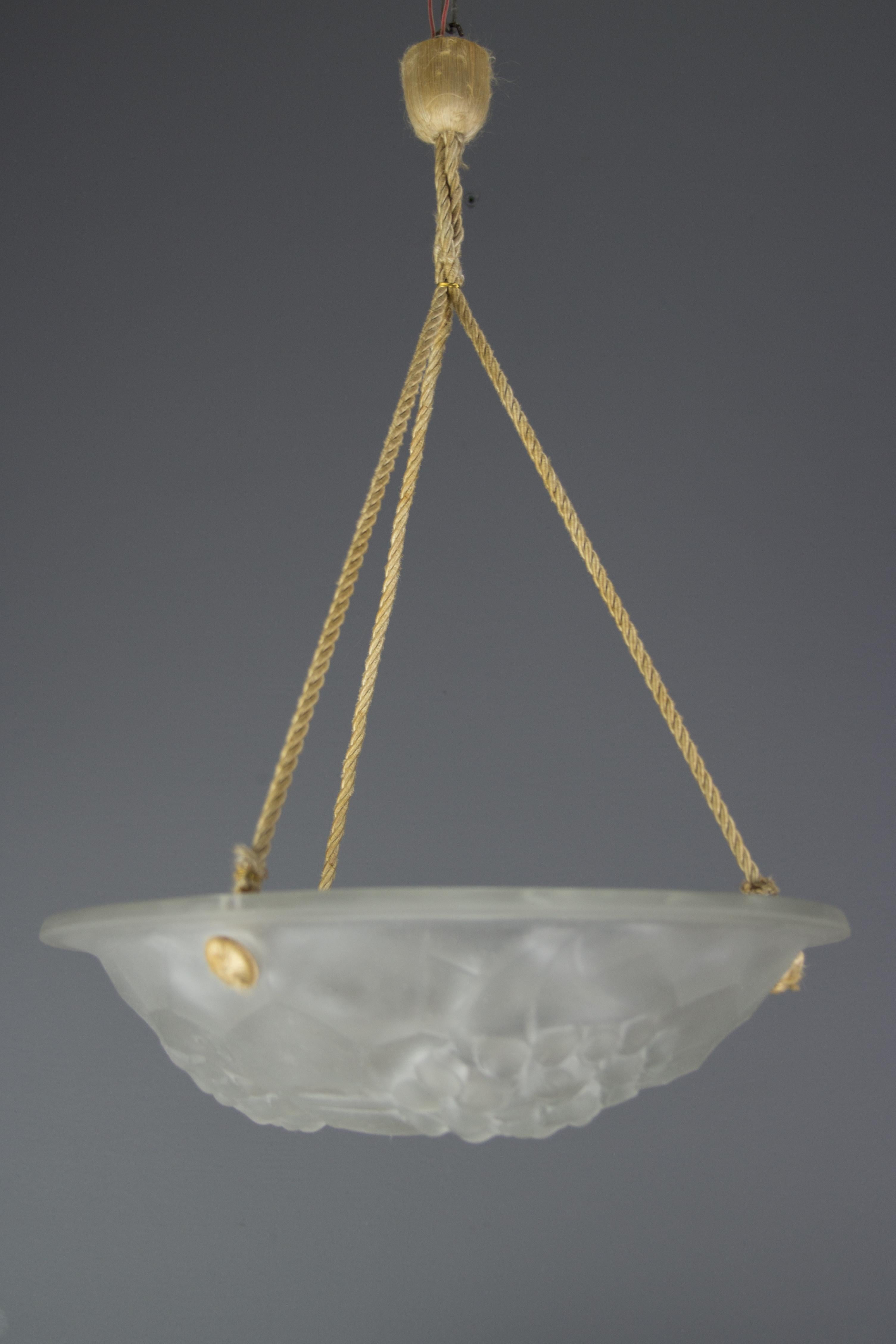 French Art Deco Frosted Molded Clear Glass Pendant Light Signed ROS, 1930s 12