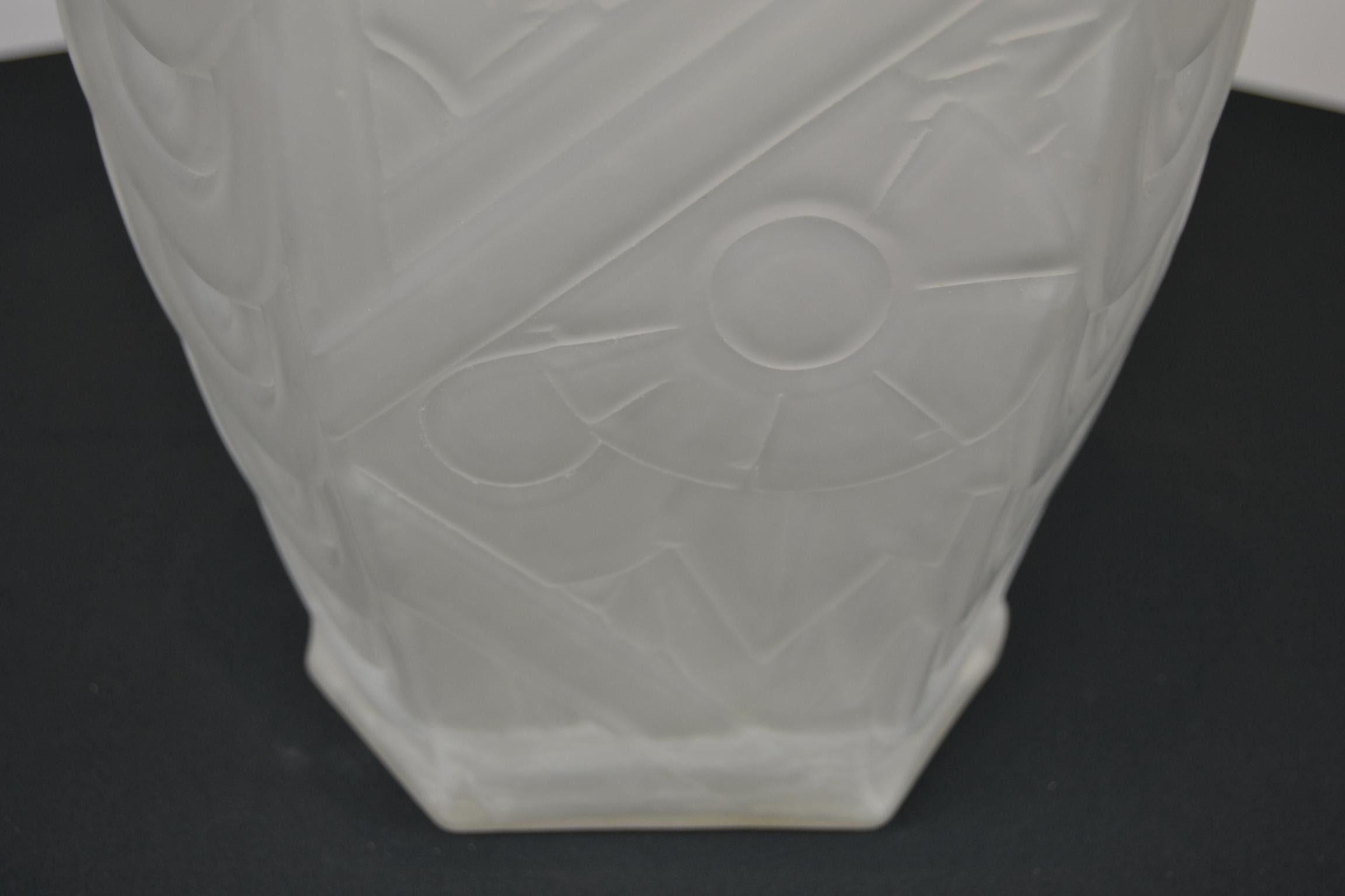 Glass French Art Deco Frosted Moulded Pressed Table Lamp Base in the Style of Degué For Sale