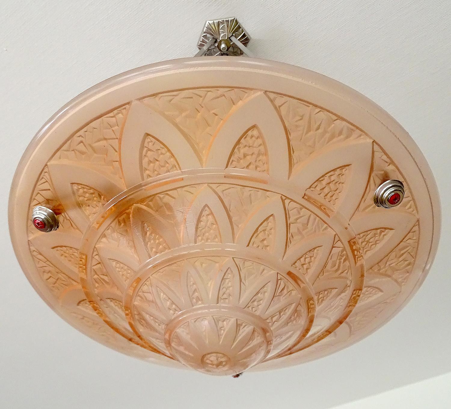 French Art Deco  Peach Glass Bronze Pendant Light  Chandelier 6
