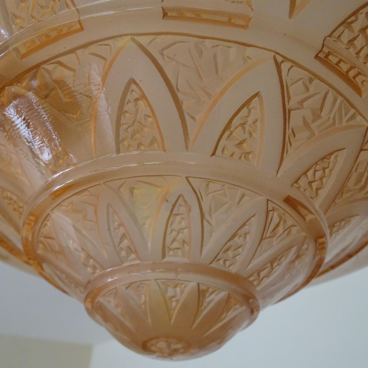 French Art Deco  Peach Glass Bronze Pendant Light  Chandelier 12