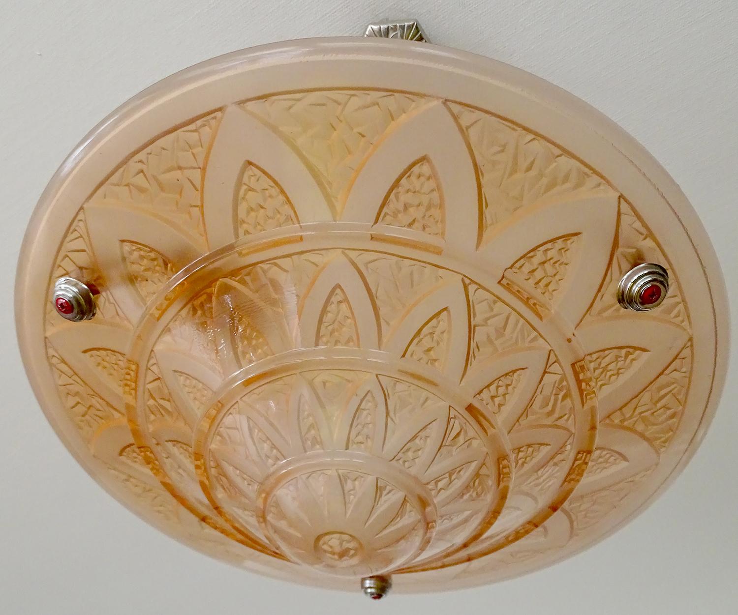 French Art Deco  Peach Glass Bronze Pendant Light  Chandelier 13