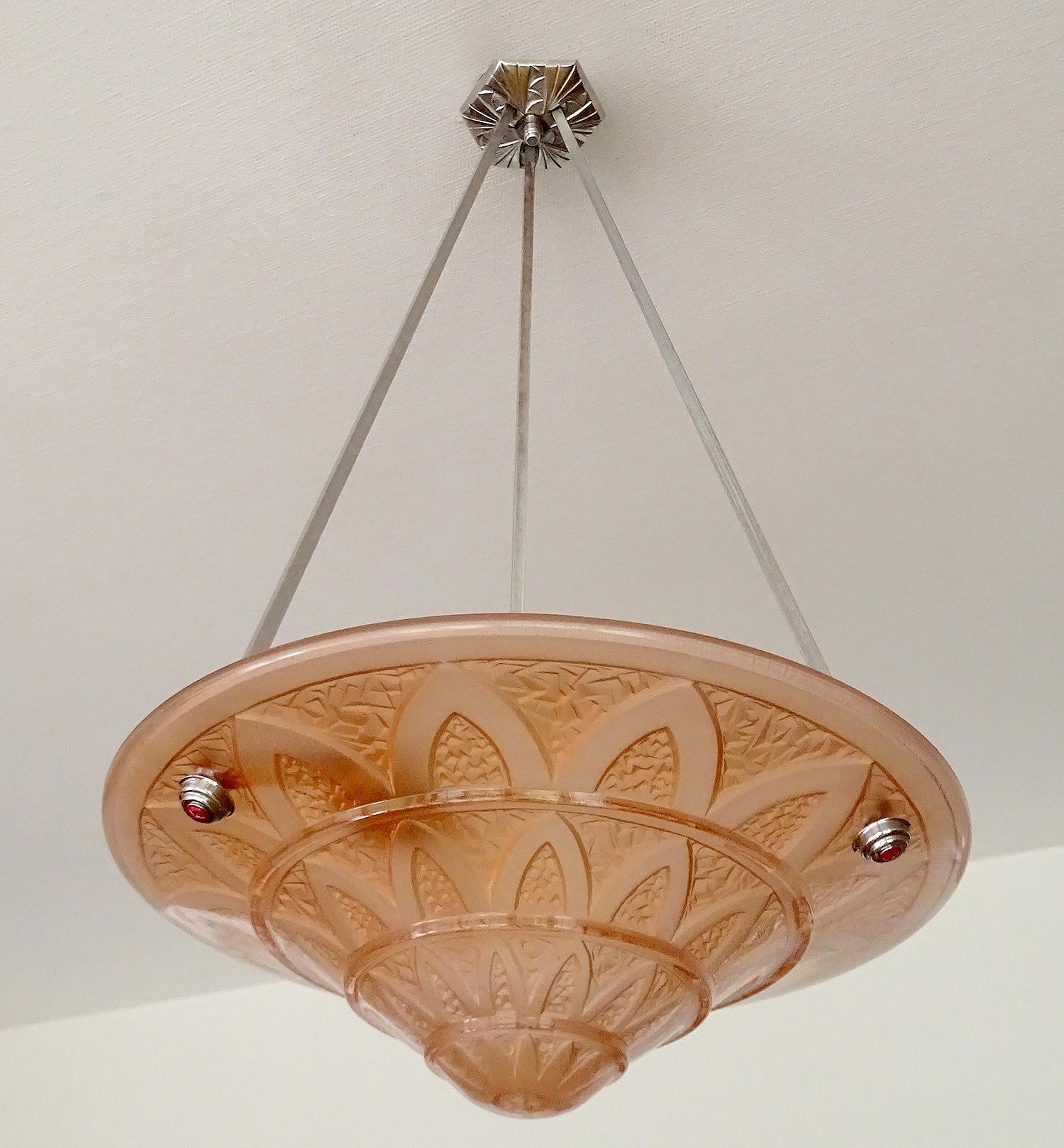 French Art Deco  Peach Glass Bronze Pendant Light  Chandelier 1