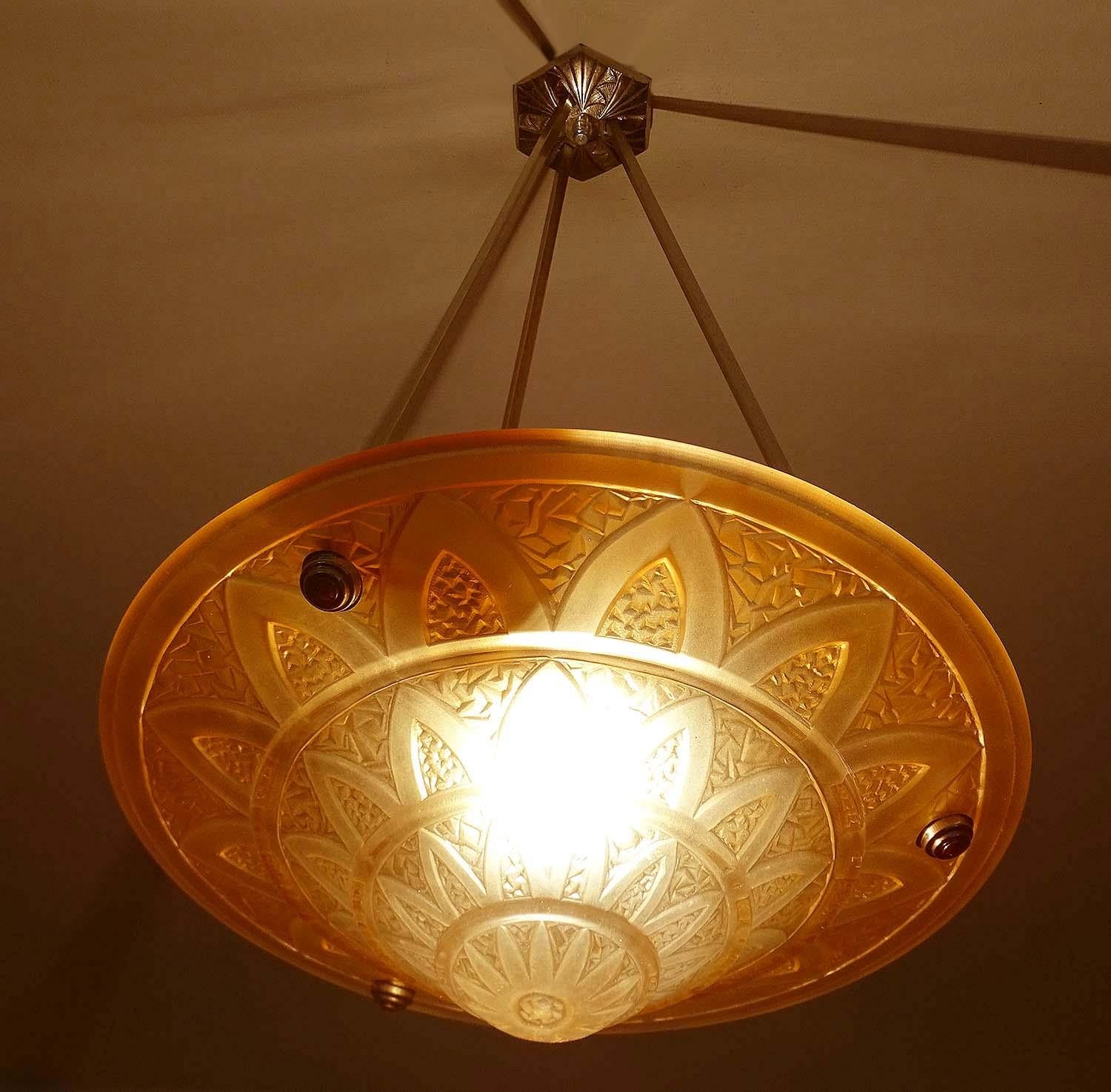 French Art Deco  Peach Glass Bronze Pendant Light  Chandelier 2