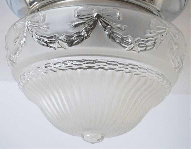 French Art Deco Frosted Relief Glass Ceiling Light Fixture With Nickel Fitting