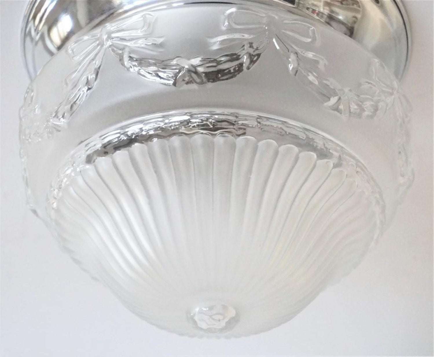 French Art Deco Frosted Relief Glass Ceiling Light Fixture With Nickel Fitting