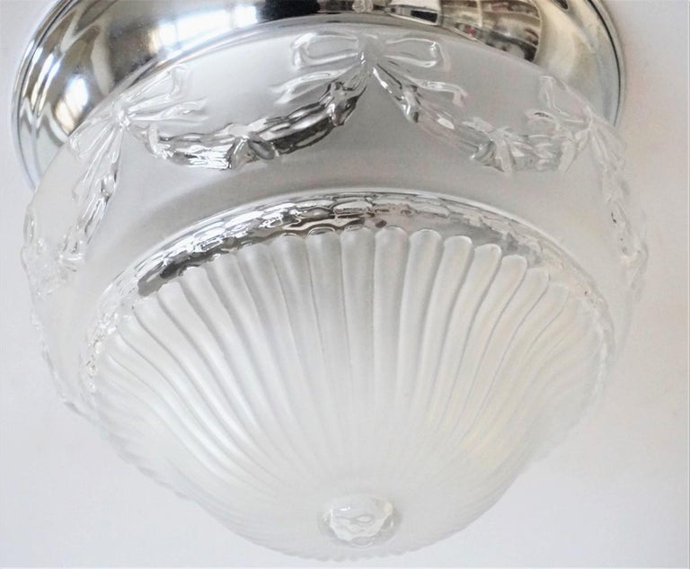 French Art Deco Frosted Relief Glass Ceiling Light Fixture With Nickel Fitting