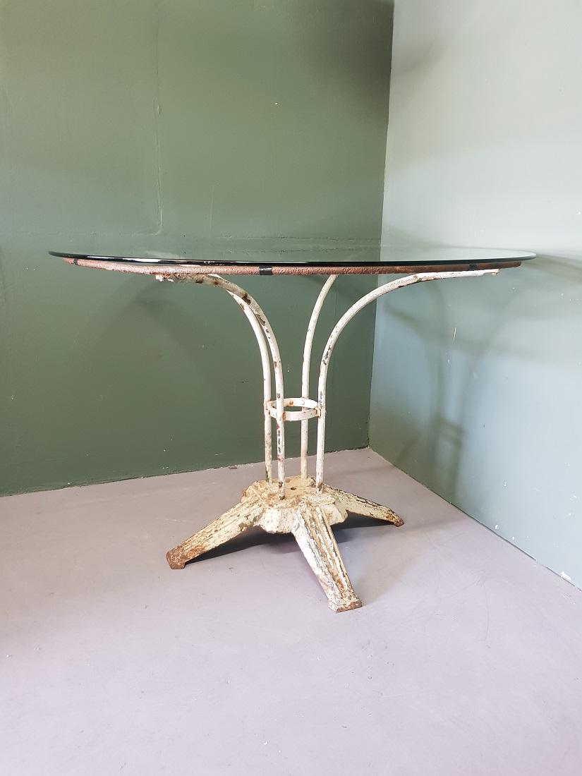 20th Century French Art Deco Garden Table with a Metal Frame and Glass Top For Sale
