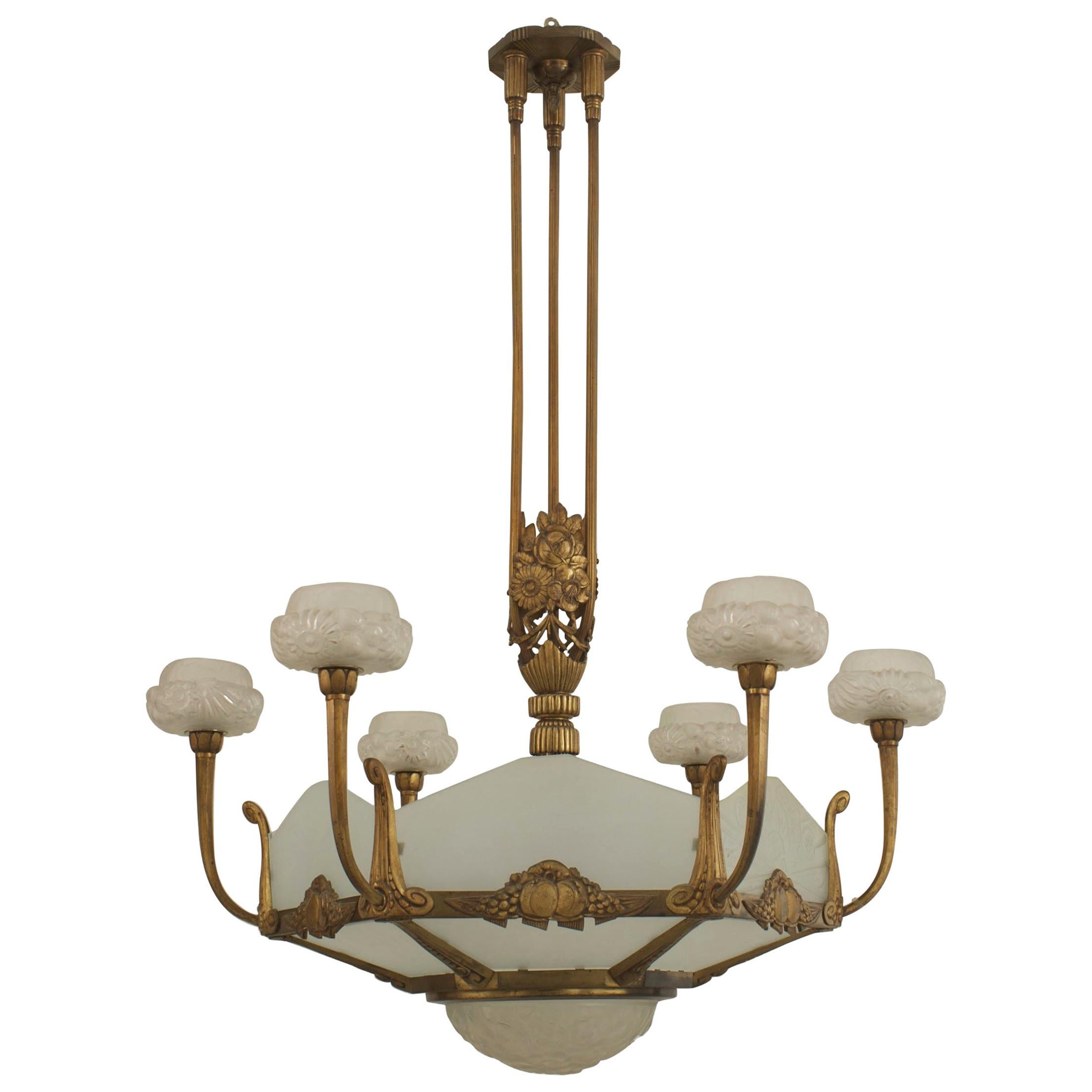 French Art Deco Genet and Michon Gilt Bronze Chandelier For Sale