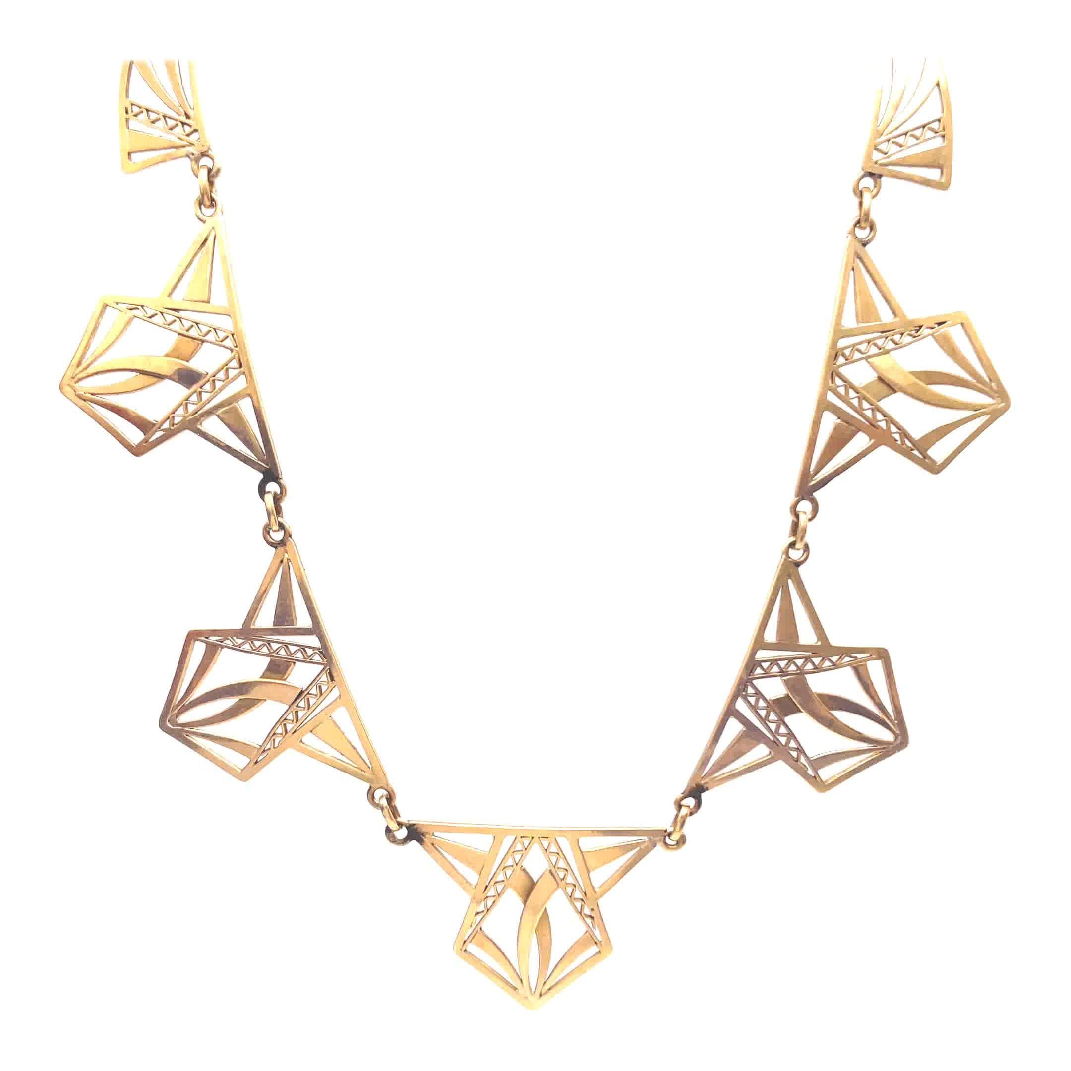 French Art Deco Geometric 18 Karat Gold Necklace