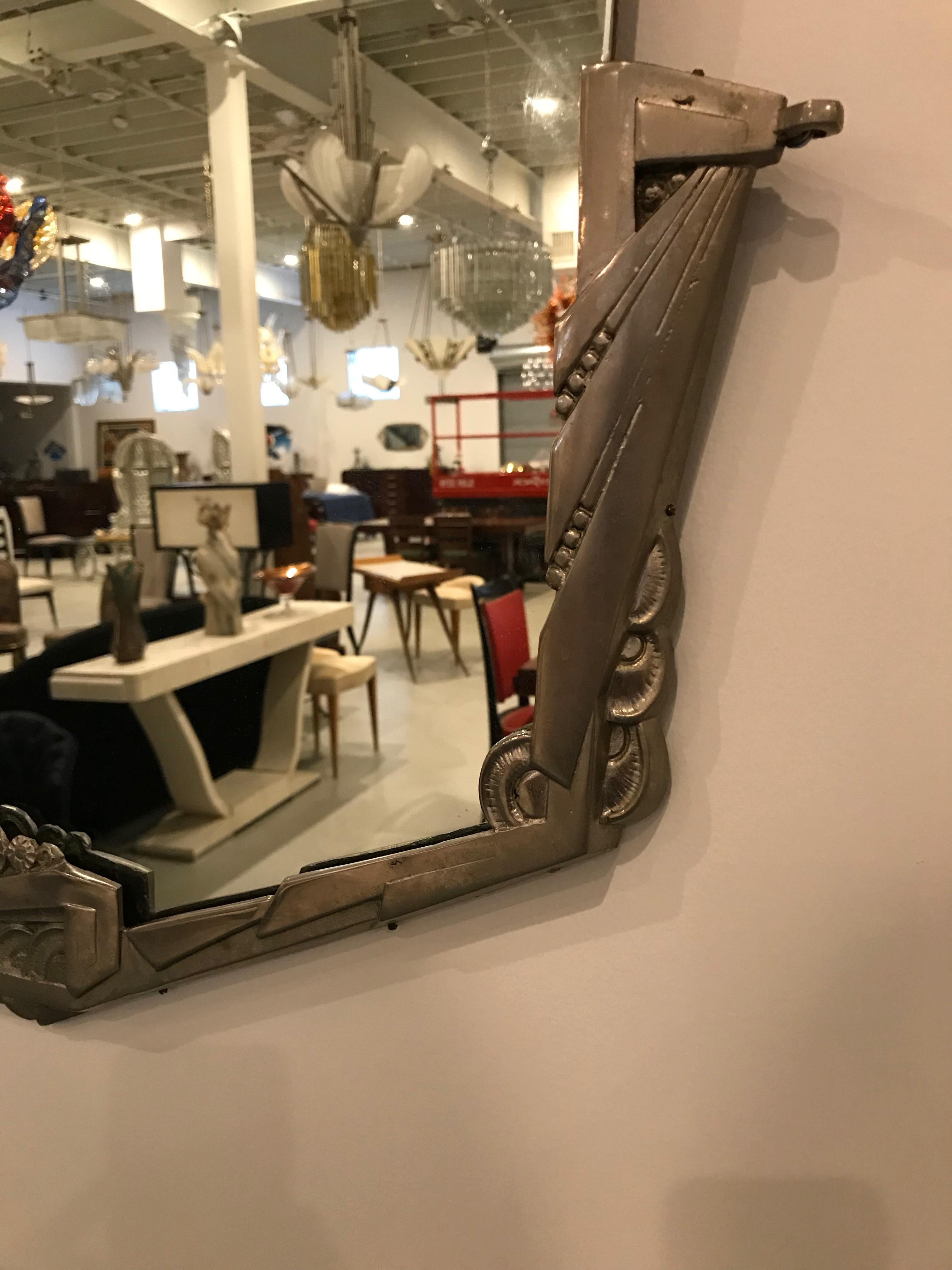 French Art Deco Geometric and Floral Wall Mirror with Skyscraper Motif For Sale 5