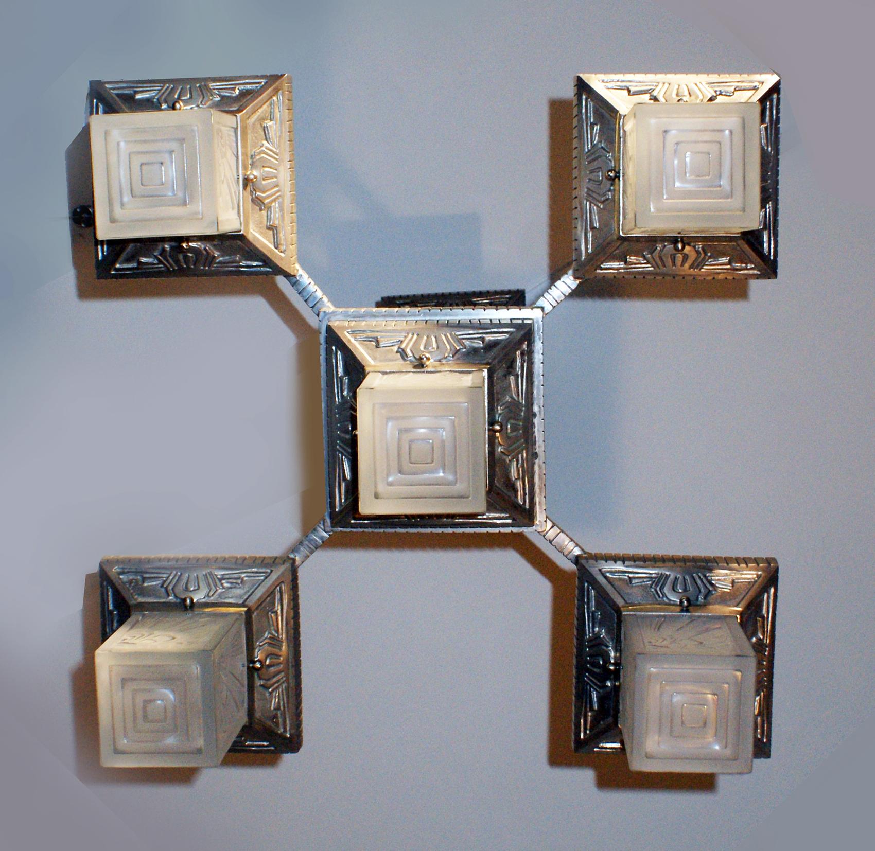 Bronze French Art Deco Geometric Chandelier Attributed to “Hettier Vincent” For Sale