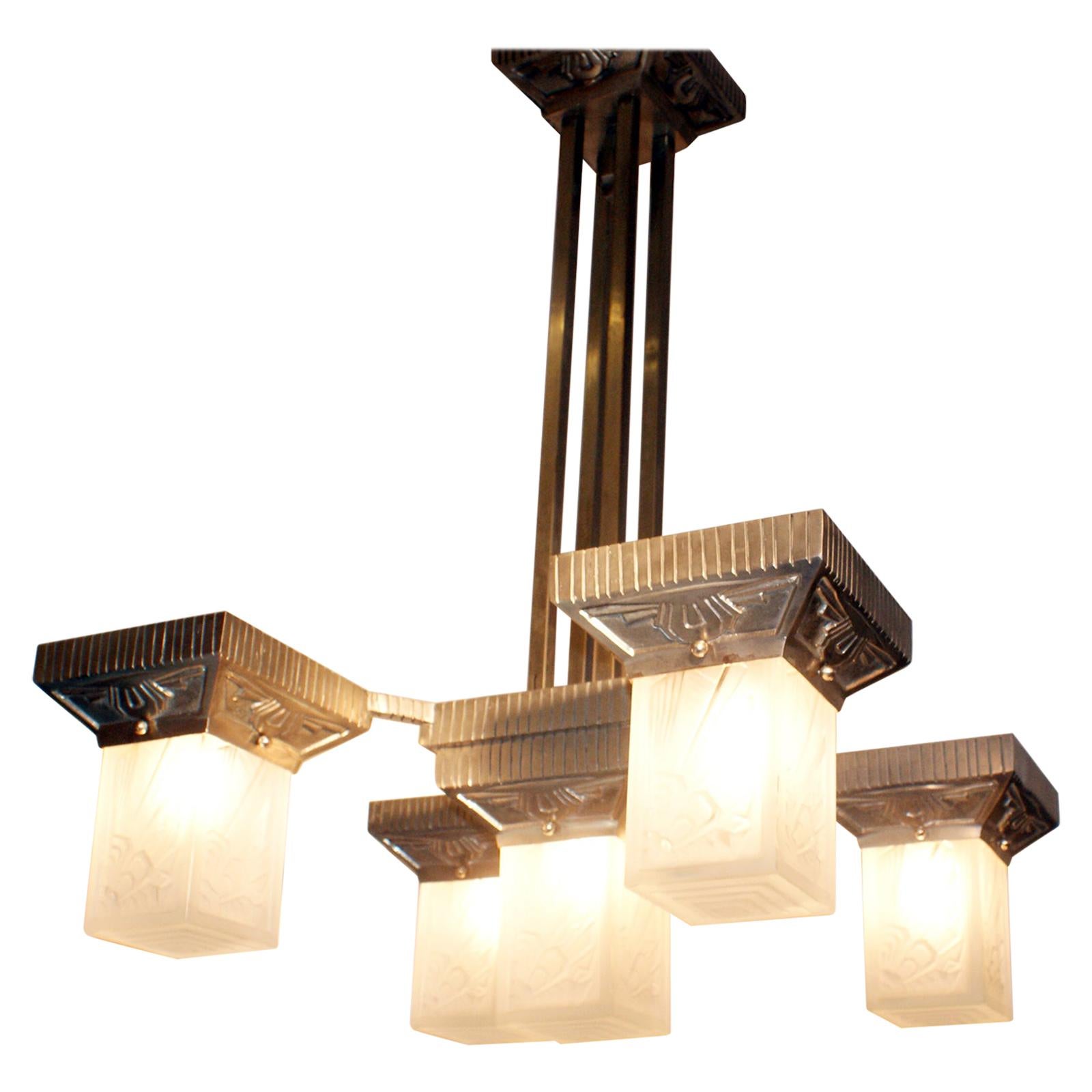 French Art Deco Geometric Chandelier Attributed to “Hettier Vincent” For Sale