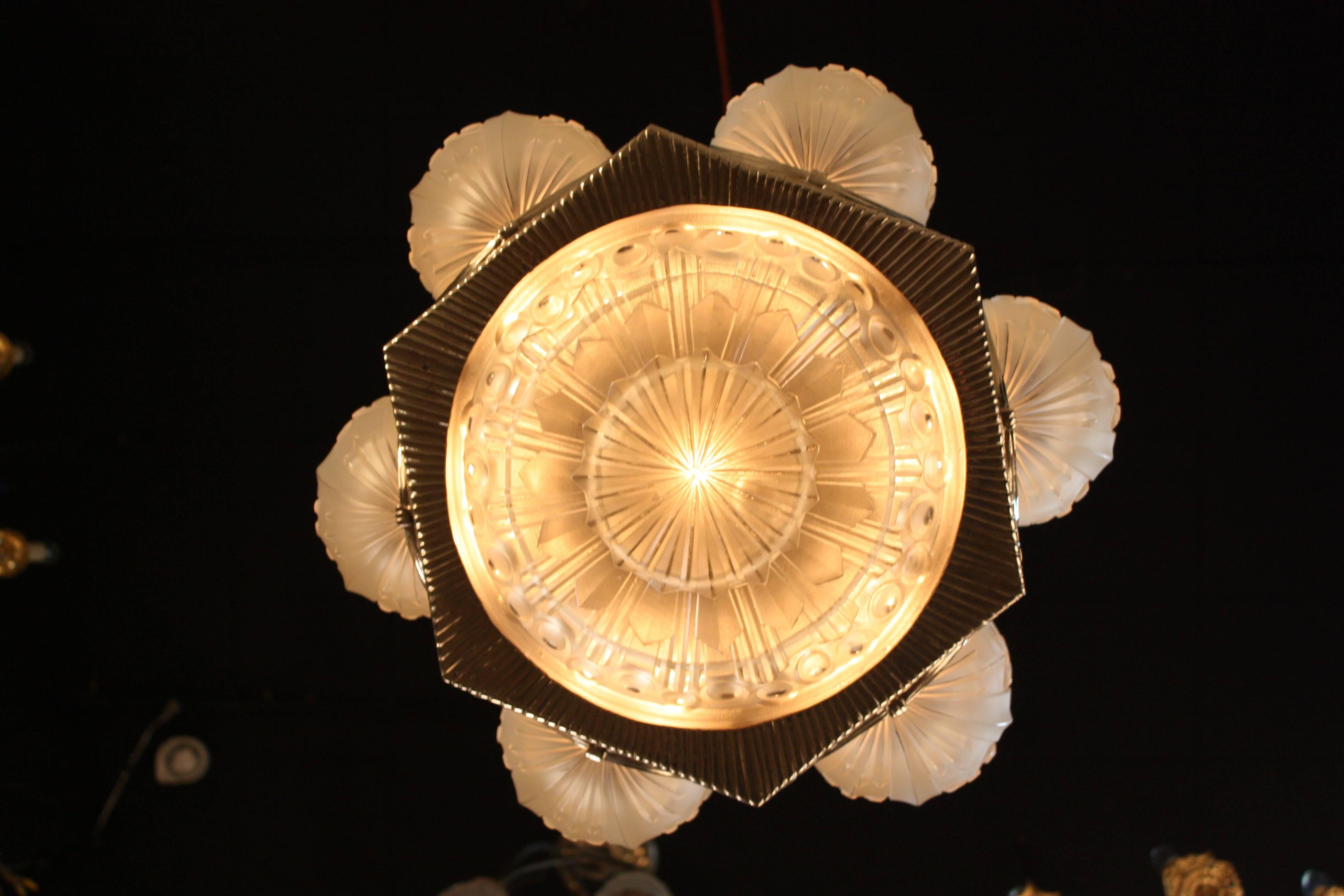 French Art Deco Geometric Chandelier Signed by G. Leleu In Good Condition In Fairfax, VA