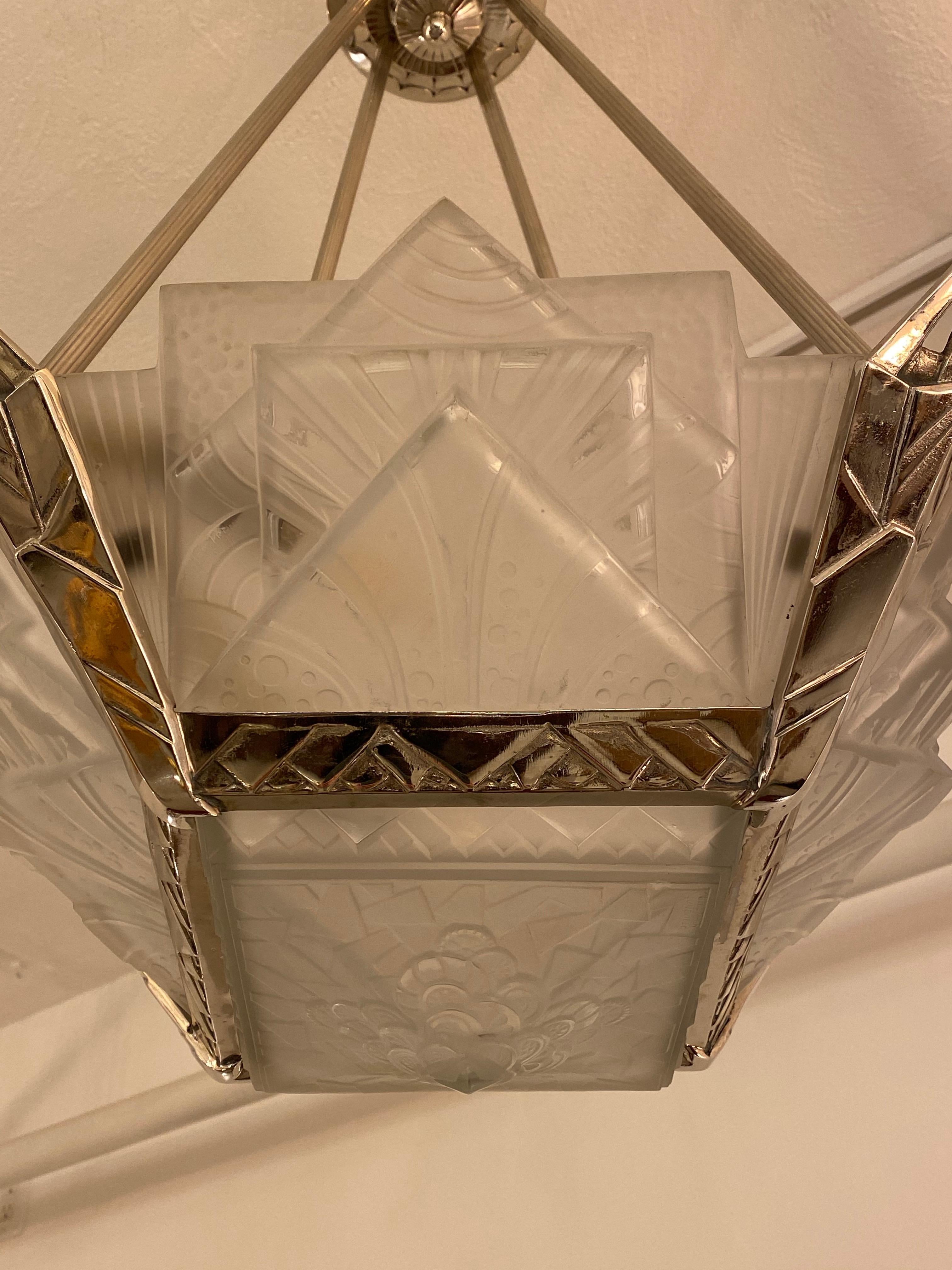 French Art Deco Geometric Chandelier Signed by Muller Frères Luneville In Excellent Condition For Sale In North Bergen, NJ