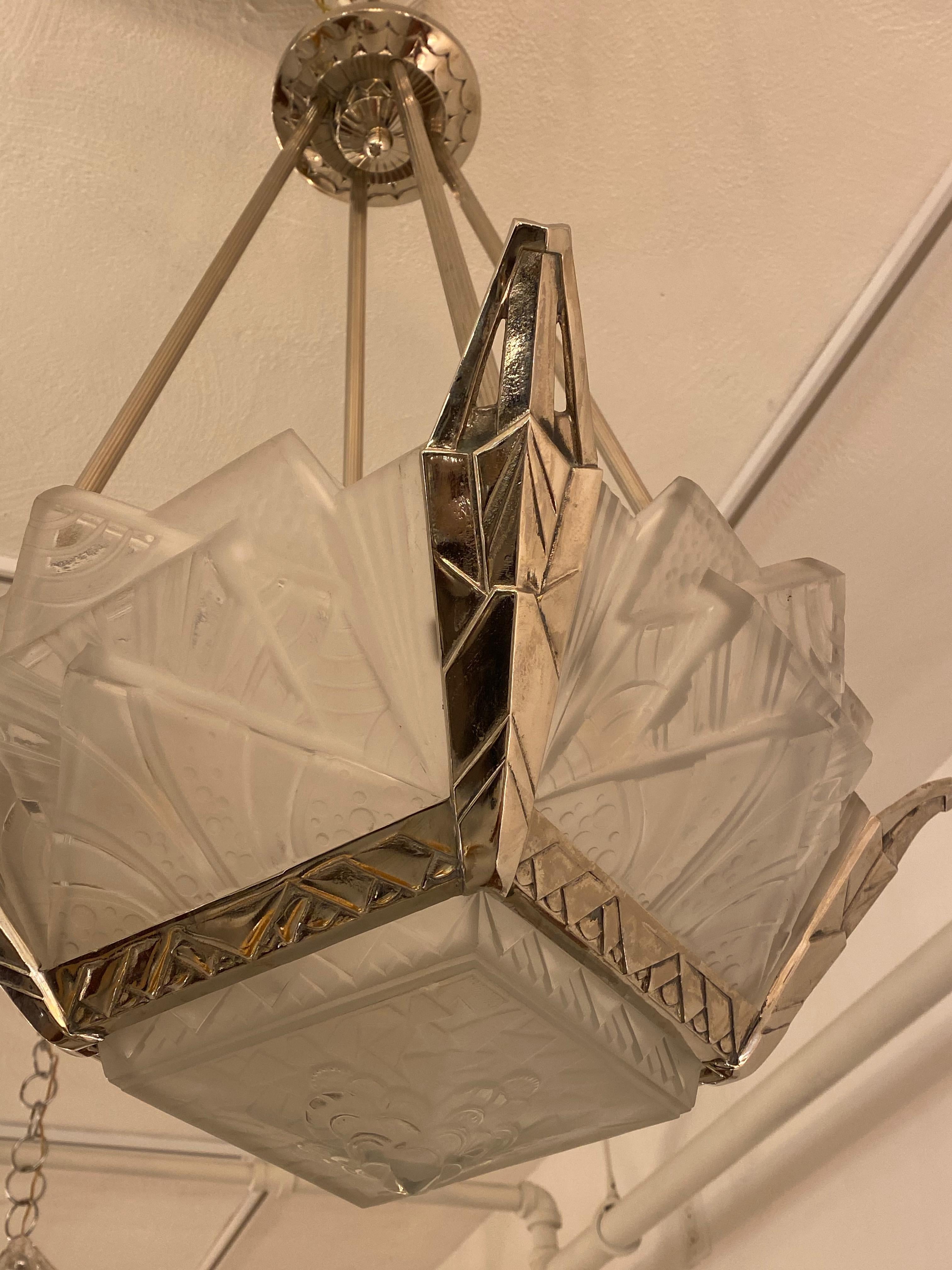 20th Century French Art Deco Geometric Chandelier Signed by Muller Frères Luneville For Sale