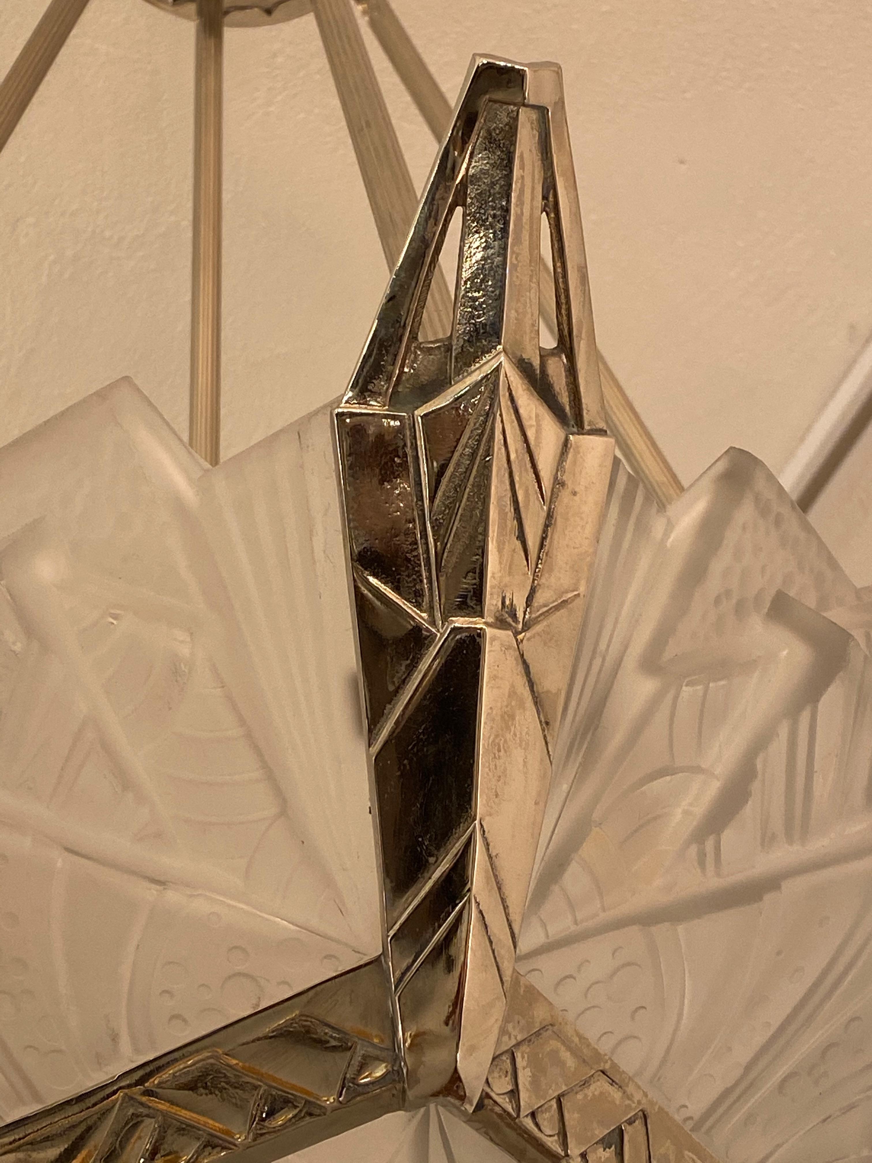Glass French Art Deco Geometric Chandelier Signed by Muller Frères Luneville For Sale