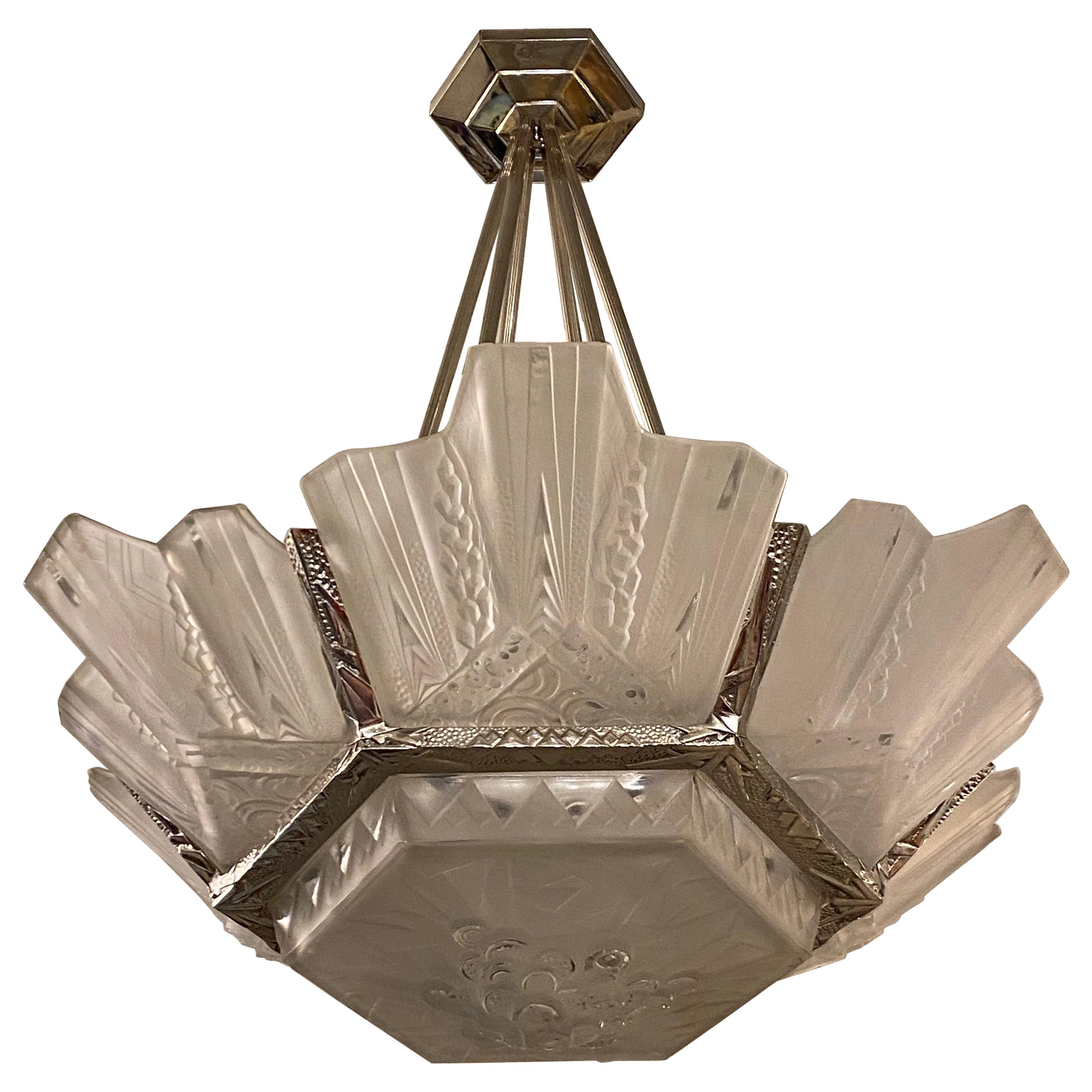 French Art Deco Geometric Chandelier Signed by Muller Frères Luneville