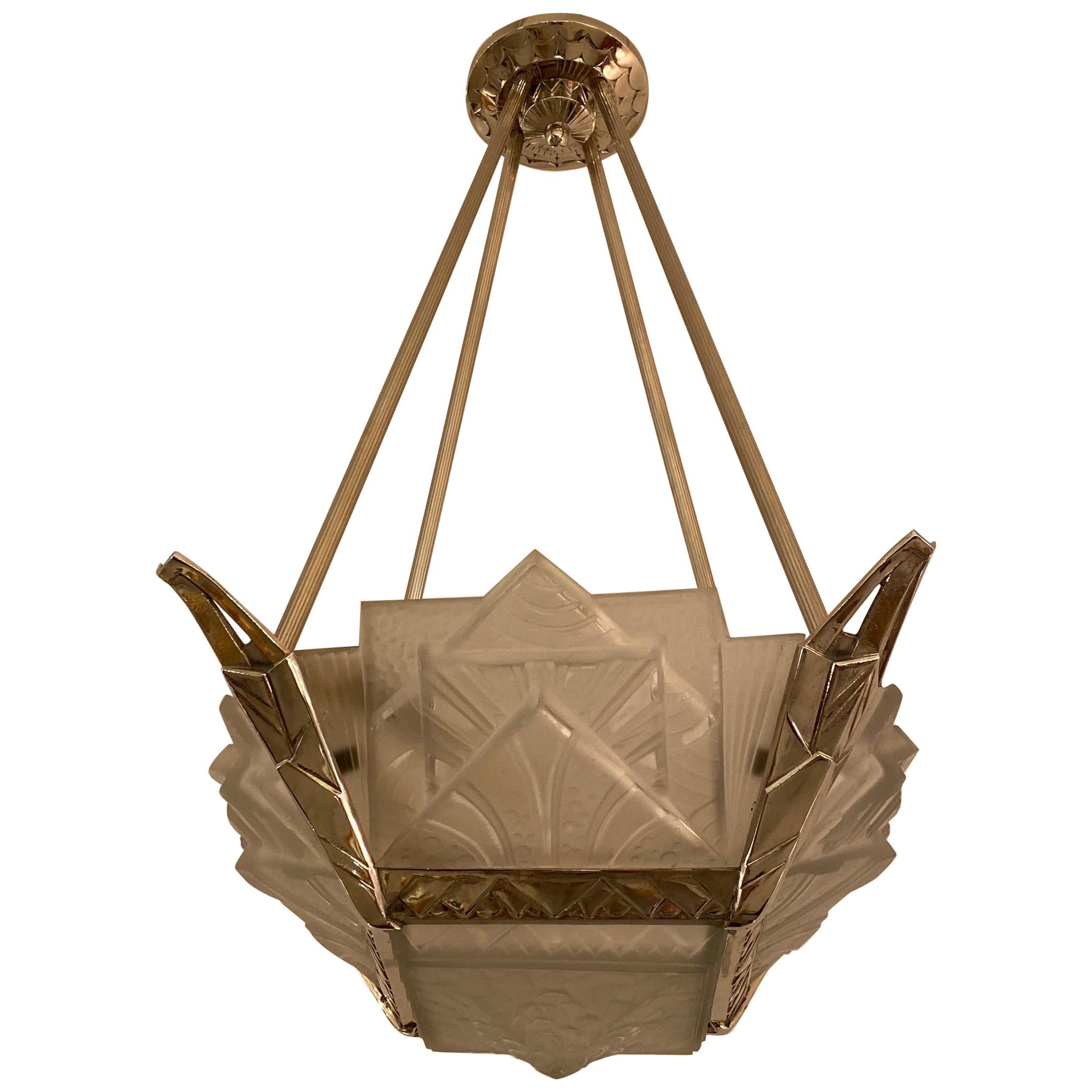 French Art Deco Geometric Chandelier Signed by Muller Frères Luneville For Sale