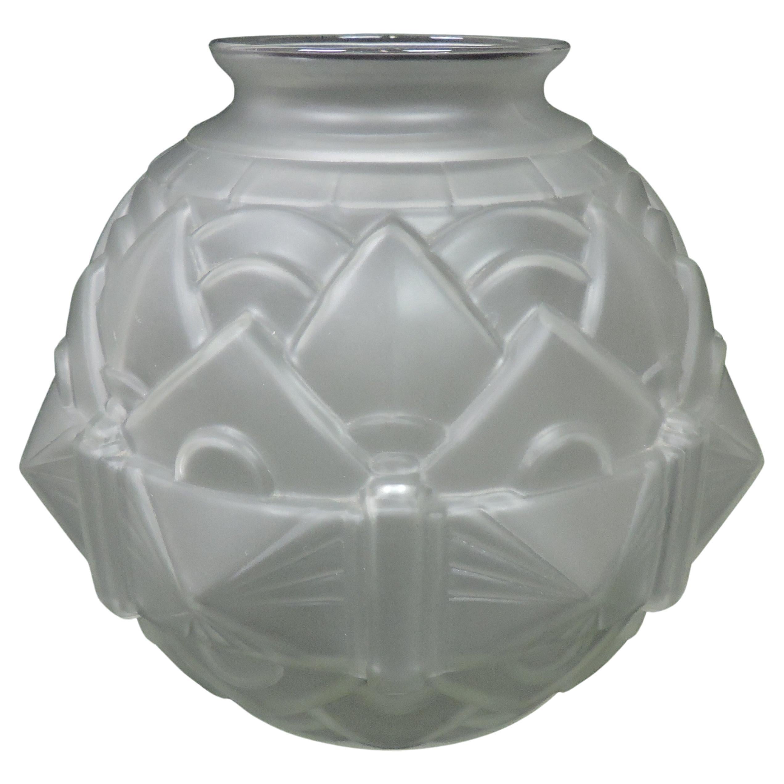 French Art Deco Geometric Design Frosted Glass Ball Vase For Sale