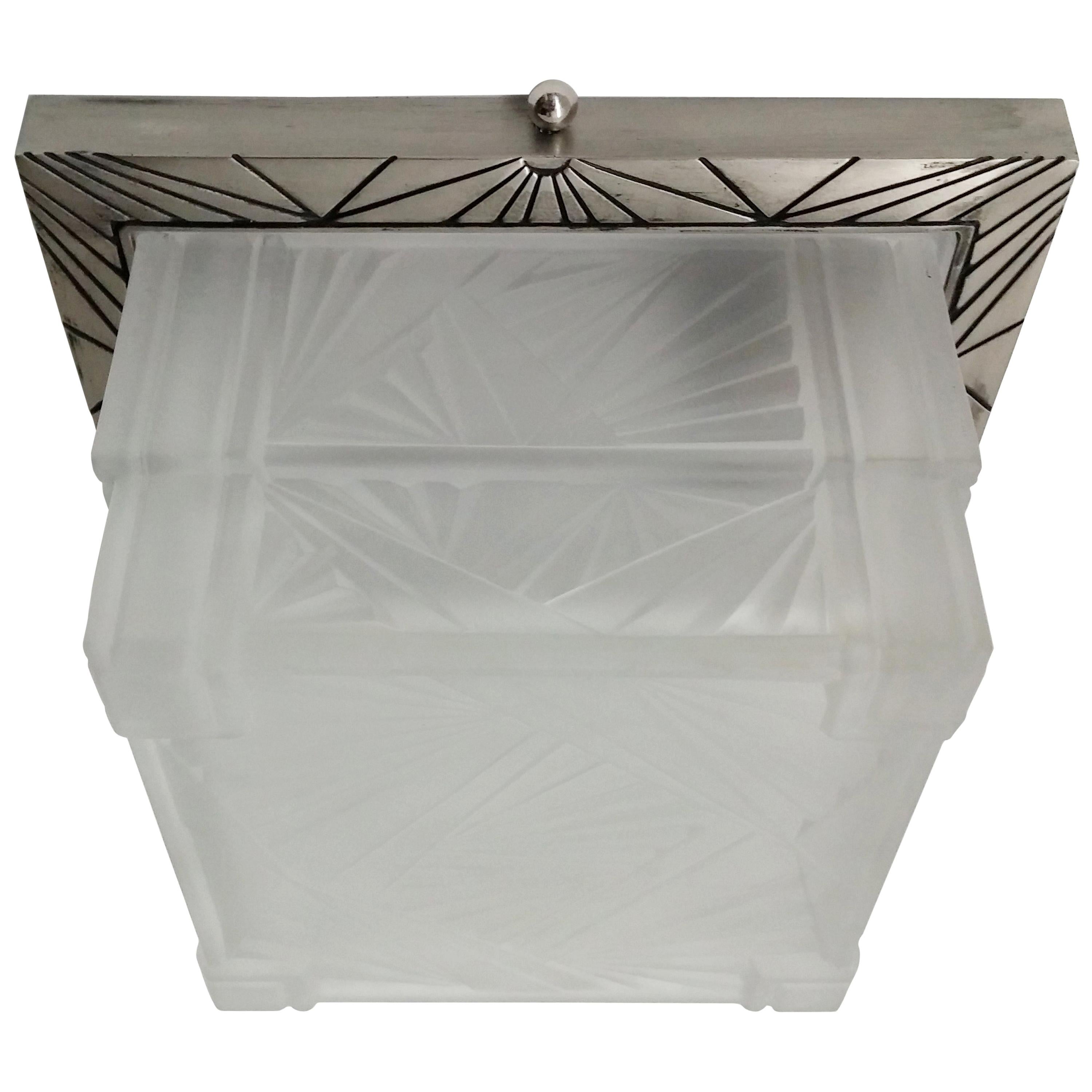 Fine French Art Deco Small Rectangular Flush Mounts or Sconces by Jean