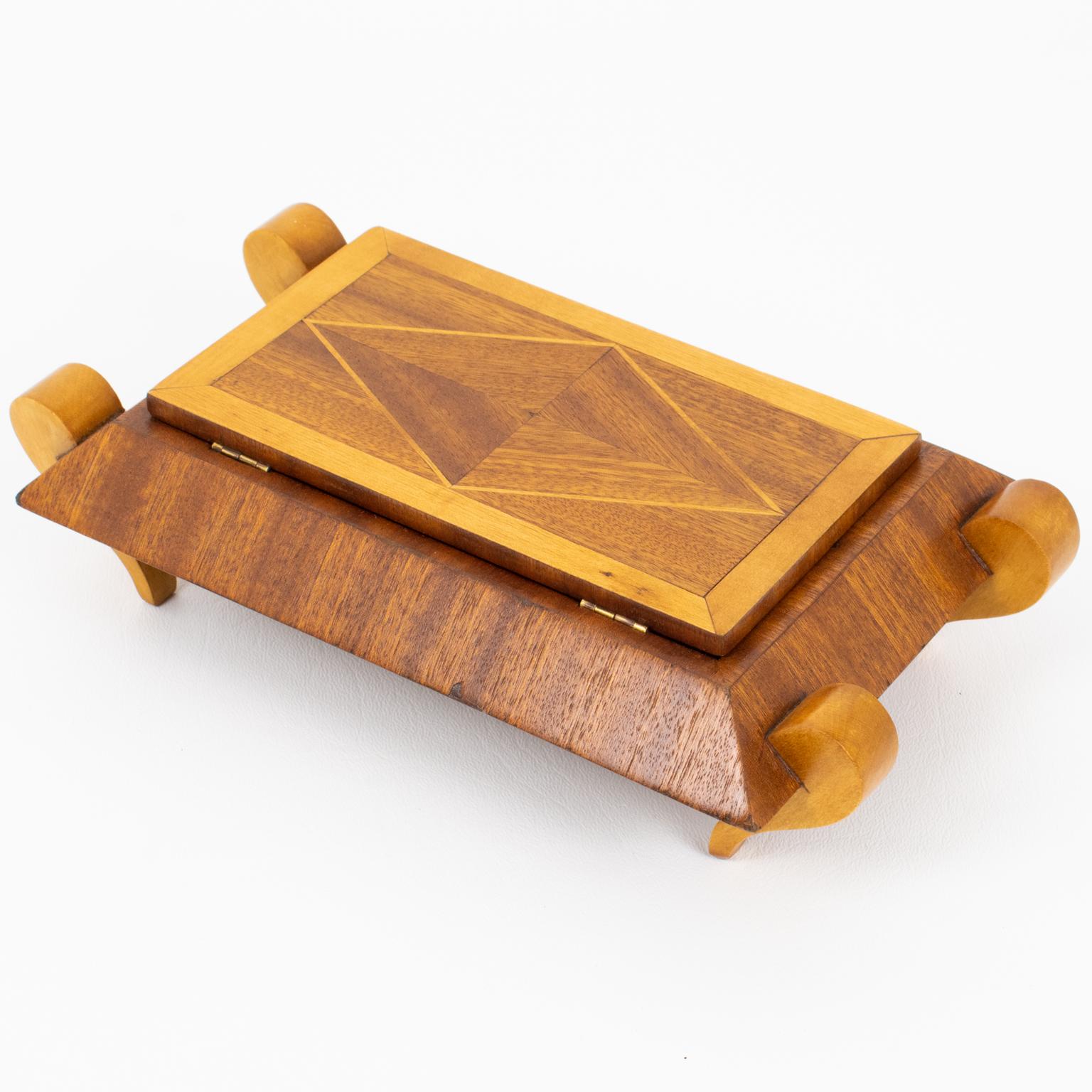 Scatola francese Art Déco in legno intarsiato geometrico in vendita 1