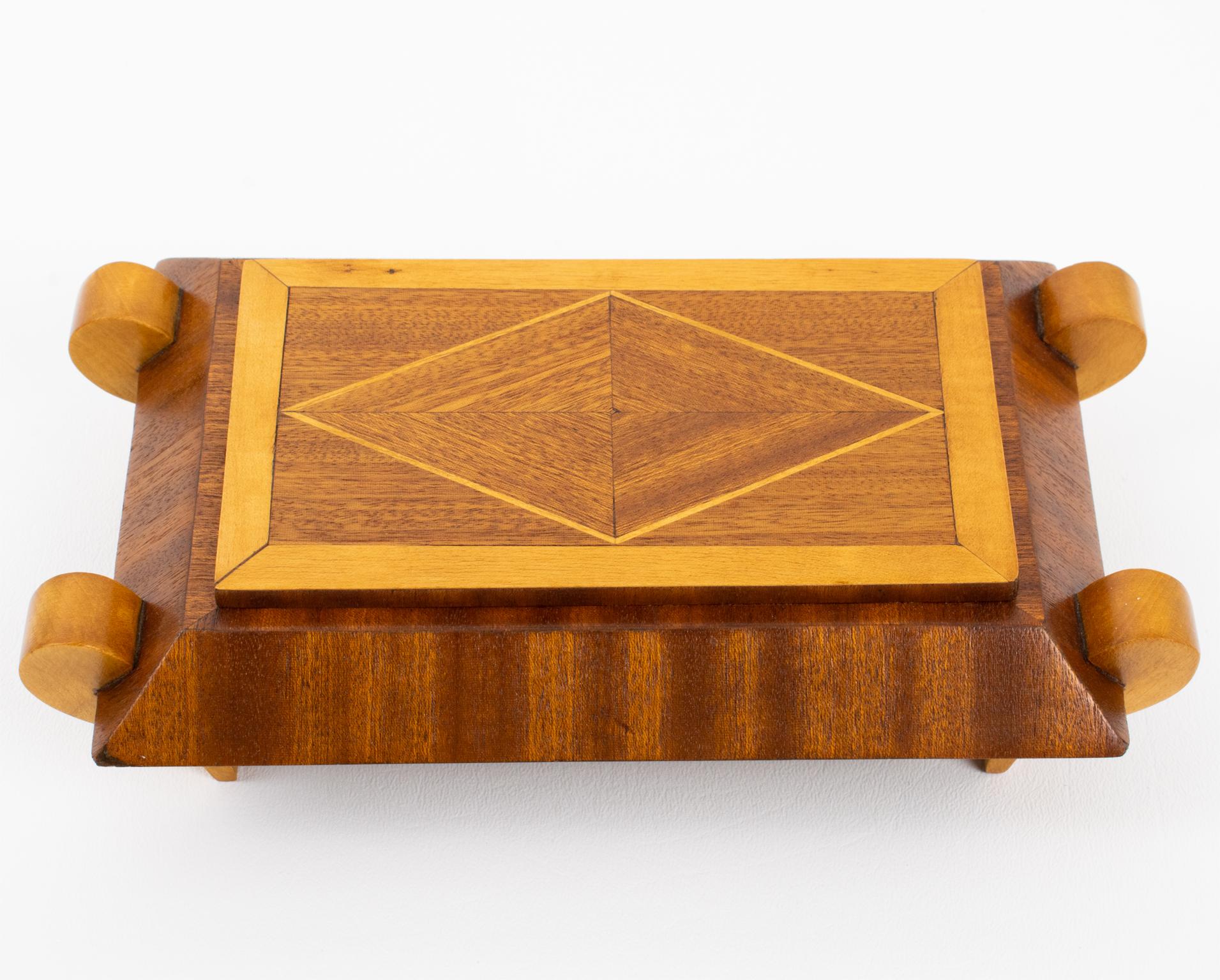 Scatola francese Art Déco in legno intarsiato geometrico in vendita 2