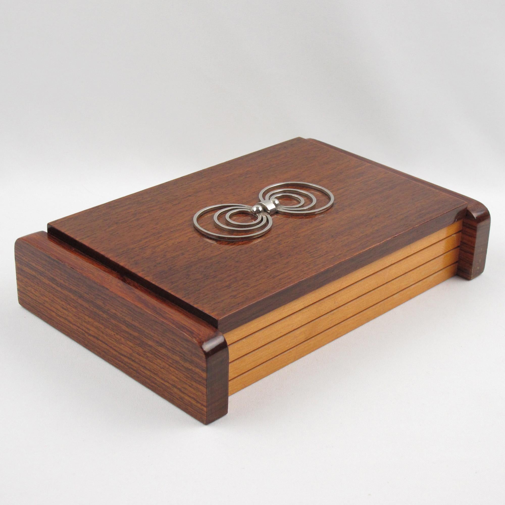 Art Déco French Art Deco Geometric Metal and Wood Box, 1930s in vendita