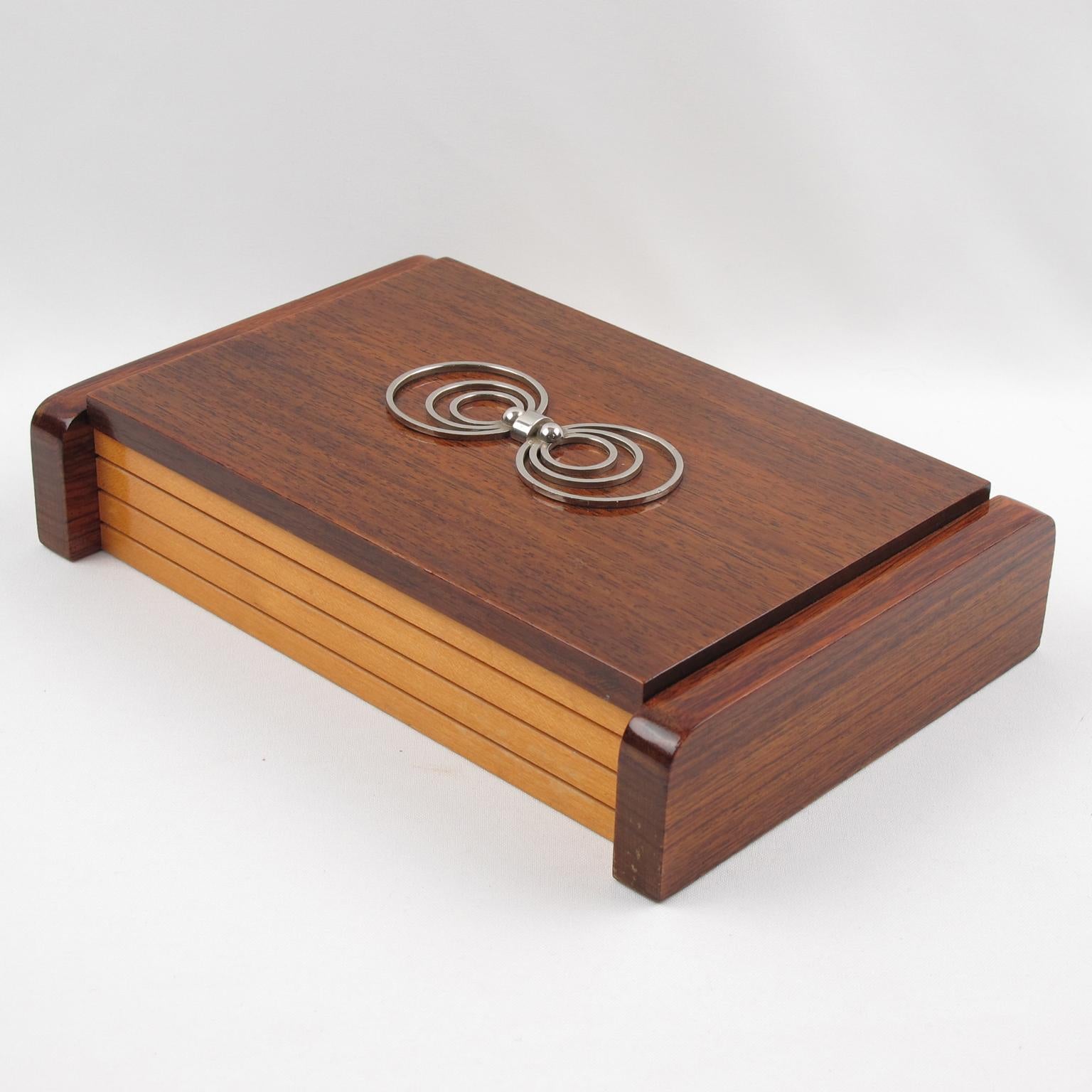 Francese French Art Deco Geometric Metal and Wood Box, 1930s in vendita