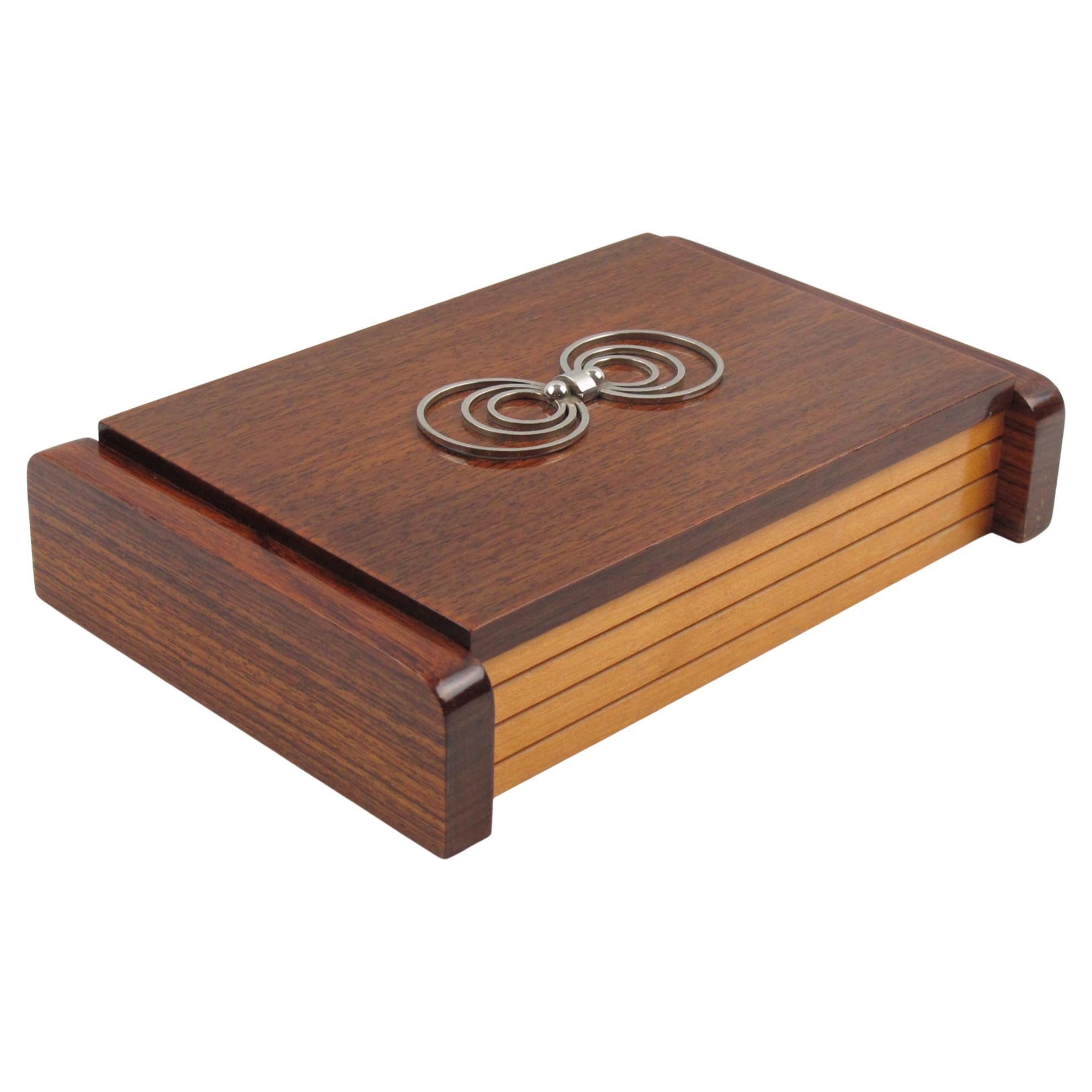French Art Deco Geometric Metal and Wood Box, 1930s in vendita