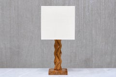 Lampe de table Art déco en chêne géométrique avec abat-jour en lin, fin des années 1930