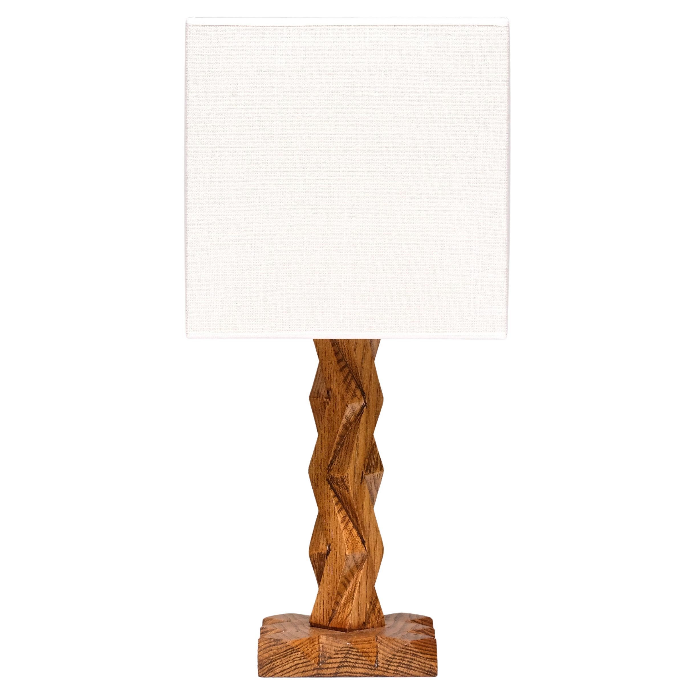 French Art Deco Geometric Oak Table Lamp with Linen Shade, Late 1930s