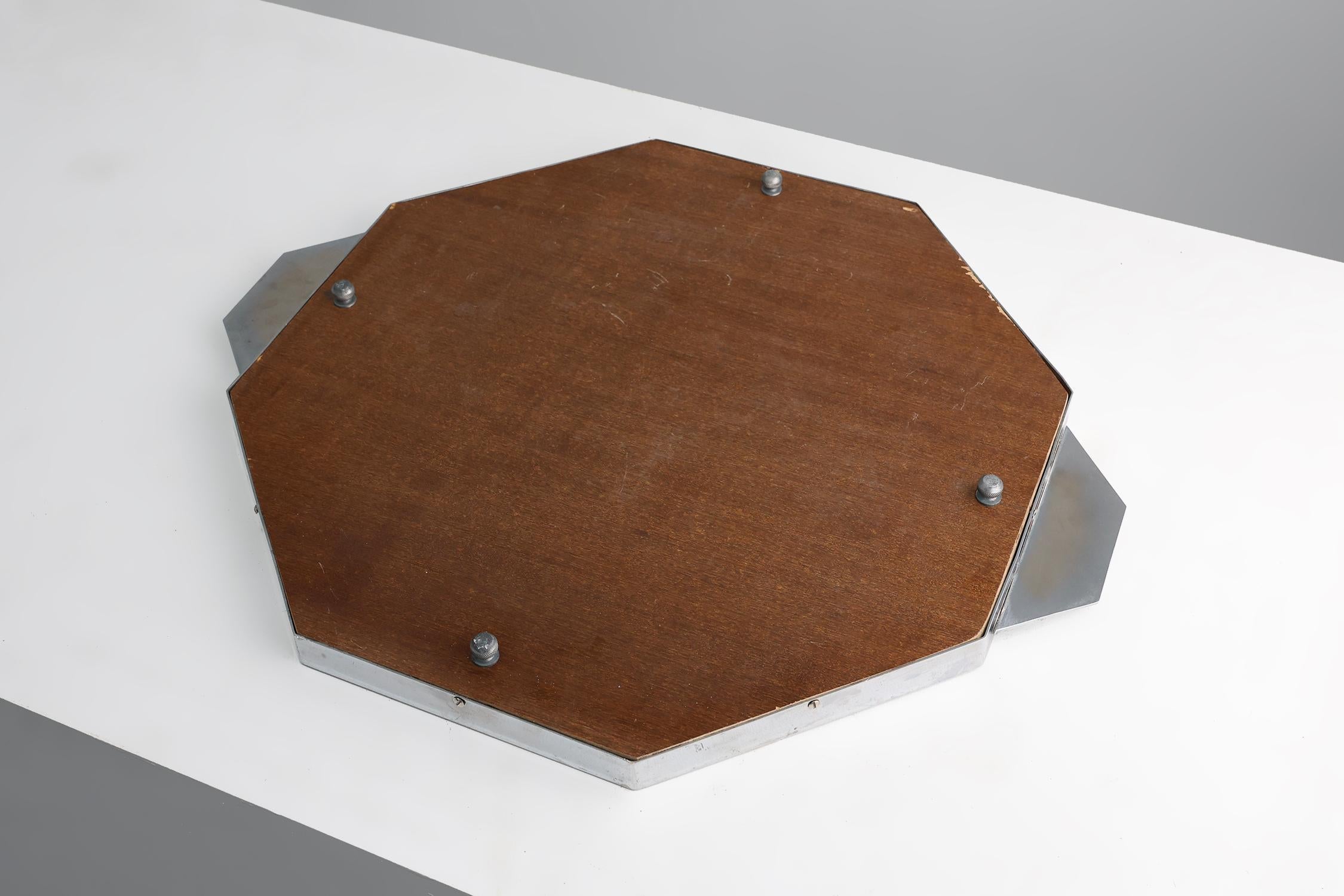 Französisches Art Deco geometrisches achteckiges Chrom- und Spiegelplateau, um 1930 im Angebot 7