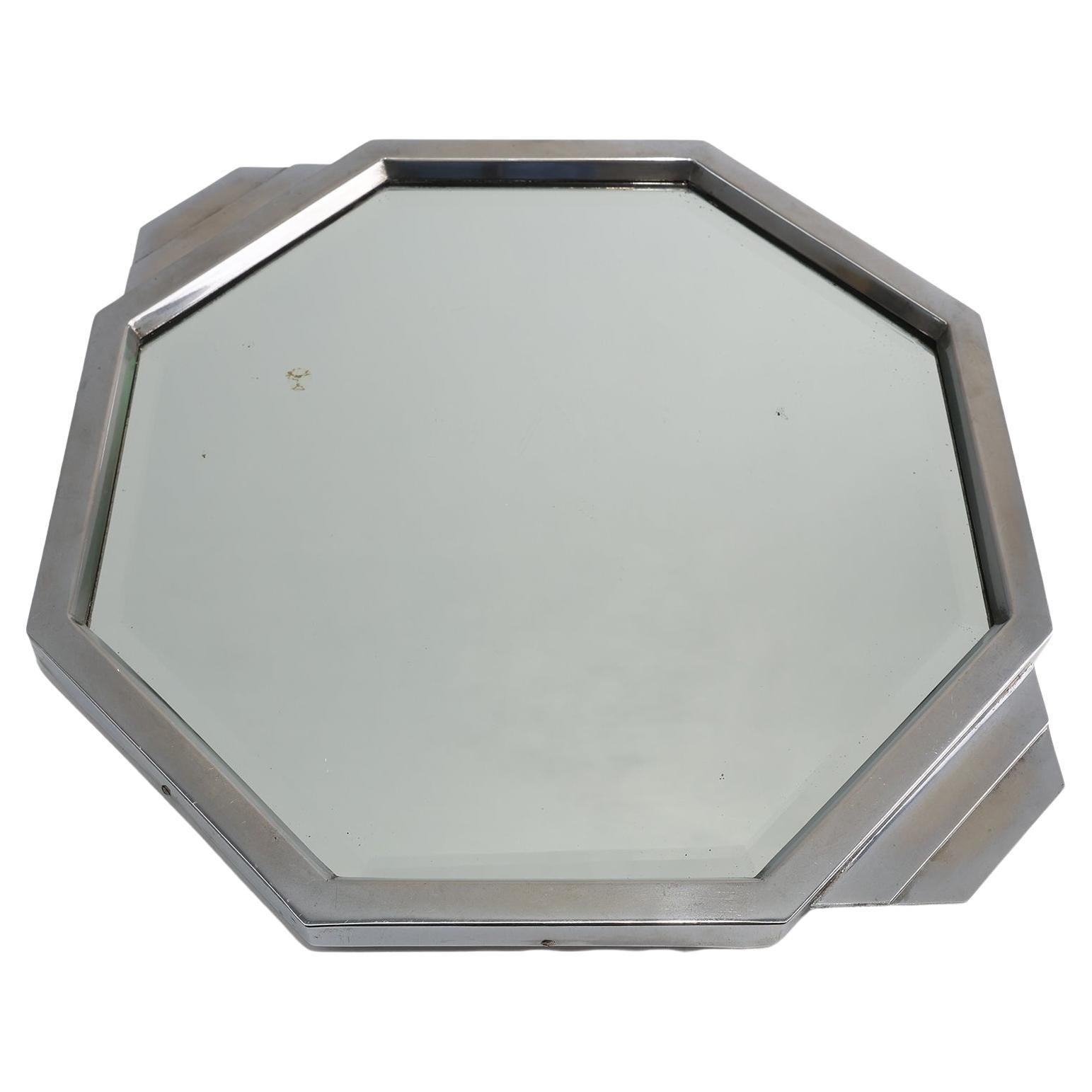 Französisches Art Deco geometrisches achteckiges Chrom- und Spiegelplateau, um 1930 im Angebot