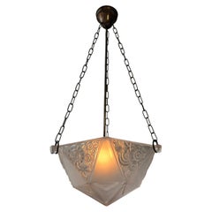 French Art Deco Geometric Pressed Glass Pendant Light, 5 Available