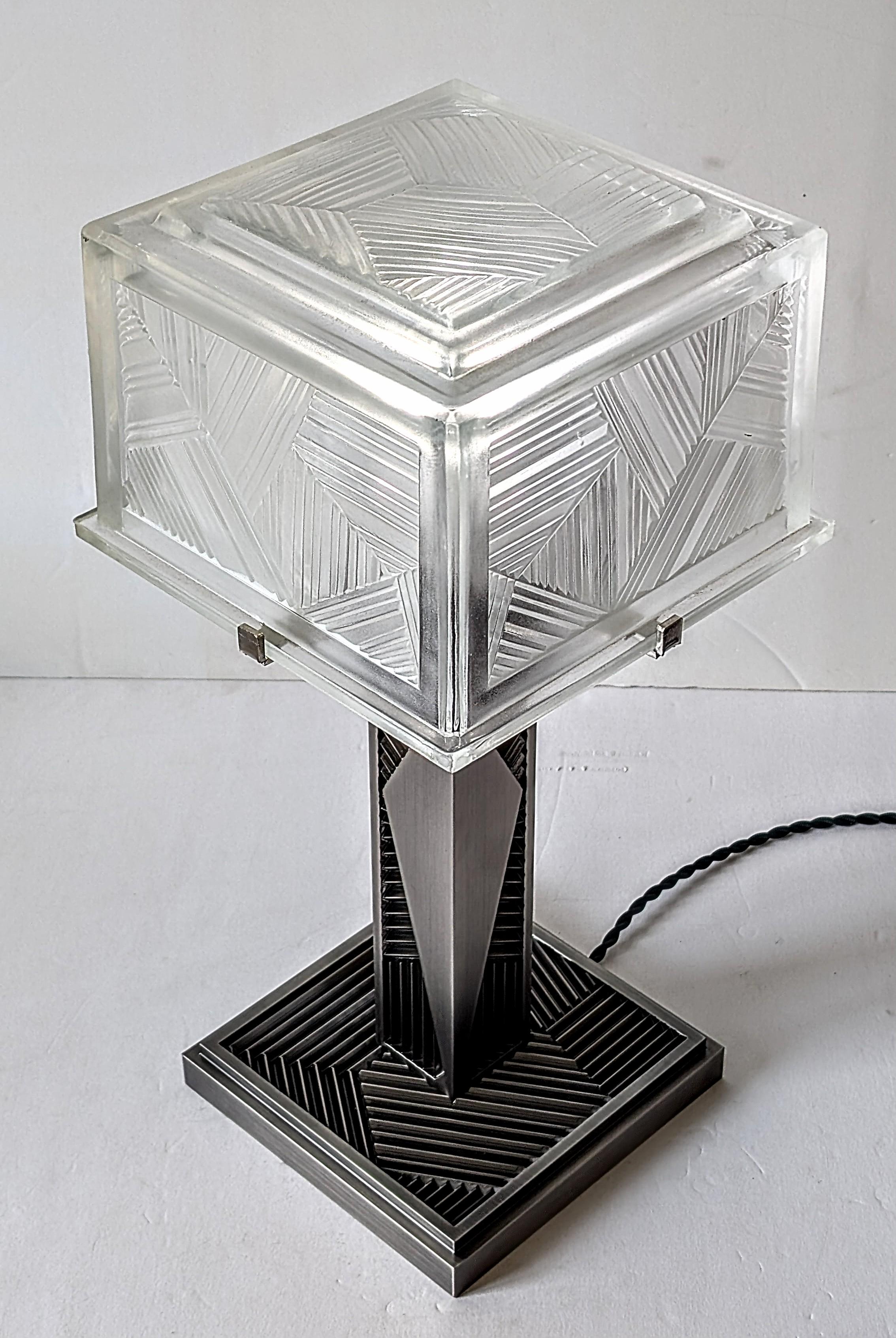 20th Century French Art Deco Geometric Table Lamp Signed by Sabino (pair available) For Sale