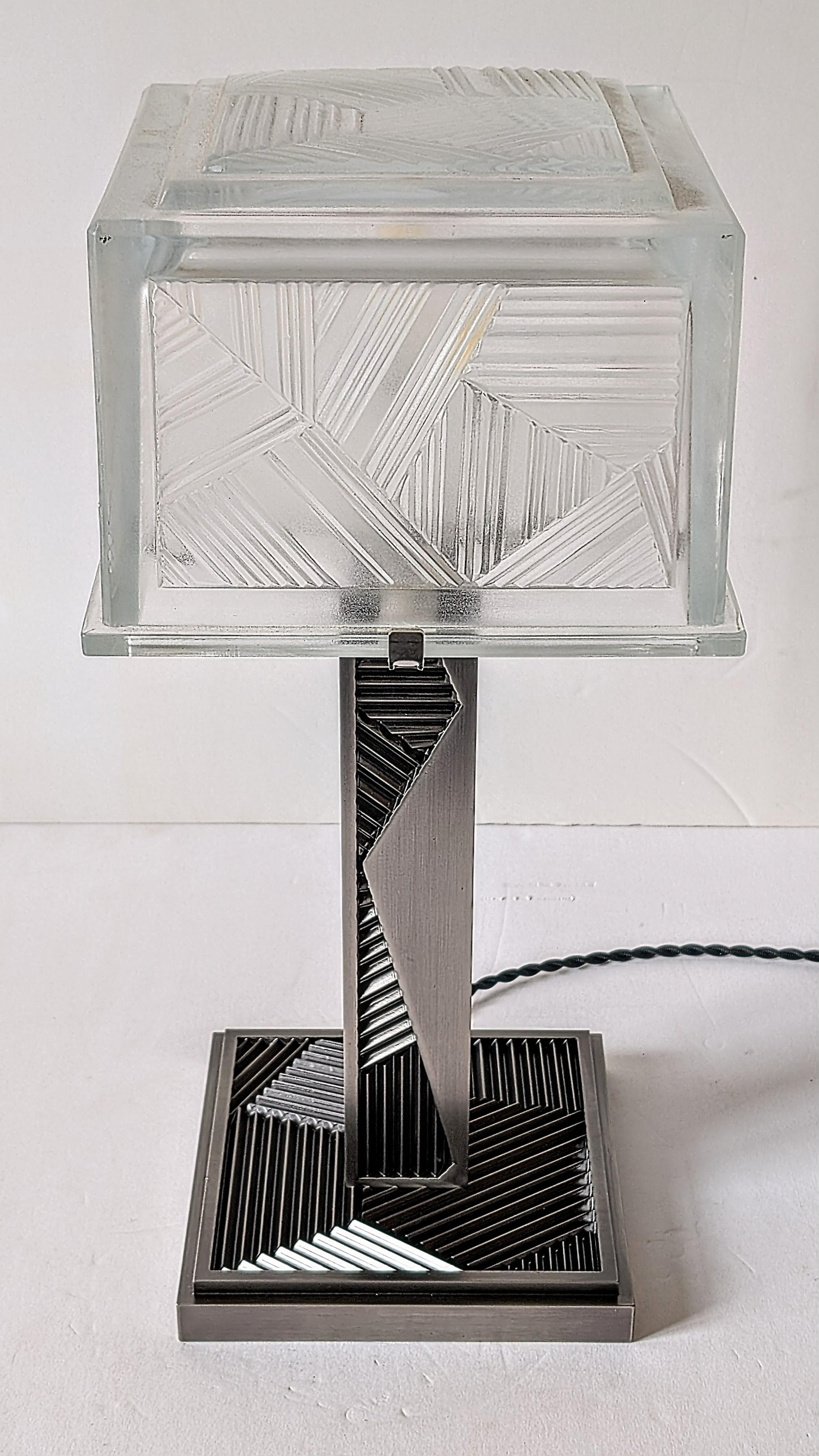 Bronze French Art Deco Geometric Table Lamp Signed by Sabino (pair available) For Sale