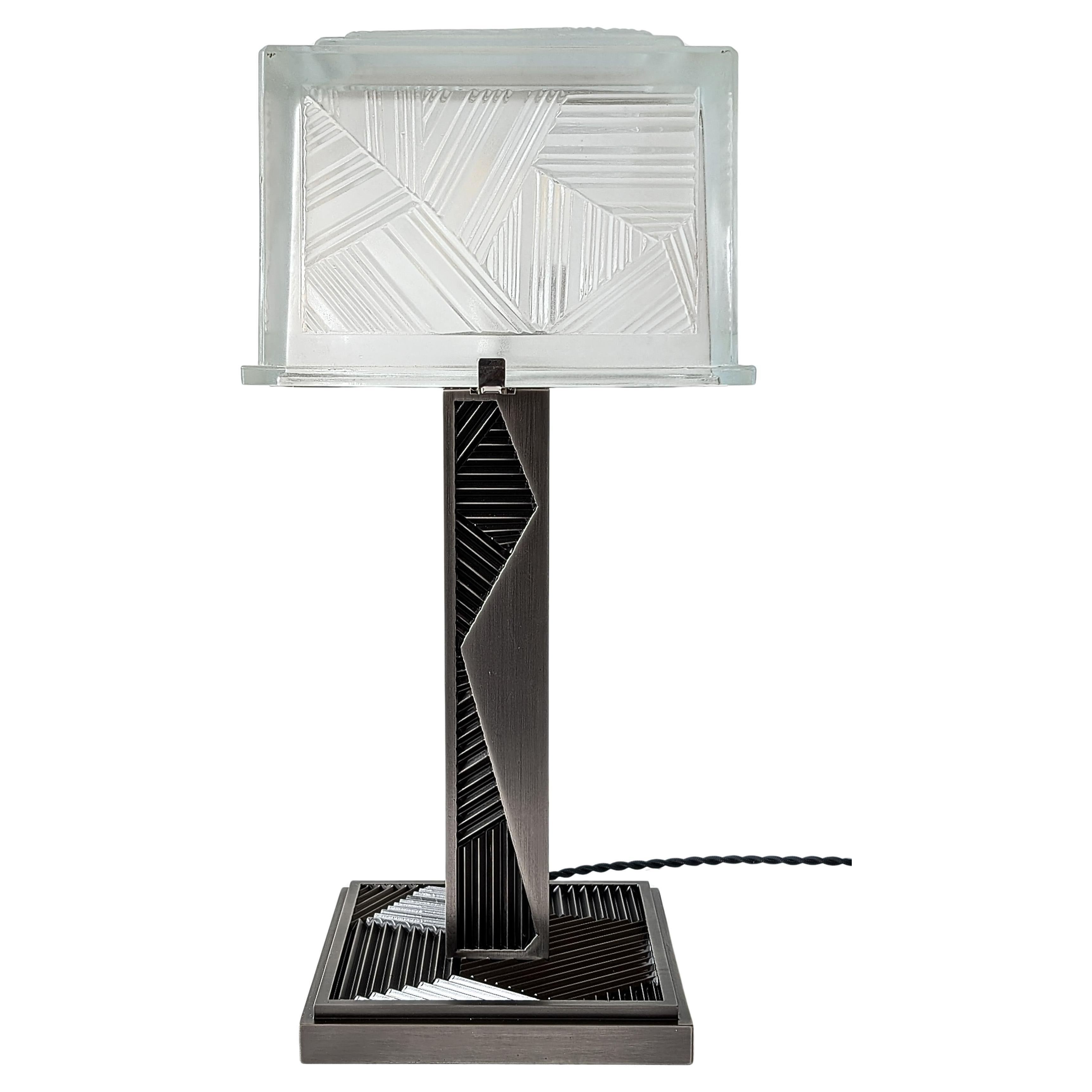 French Art Deco Geometric Table Lamp Signed by Sabino (pair available) For Sale 3