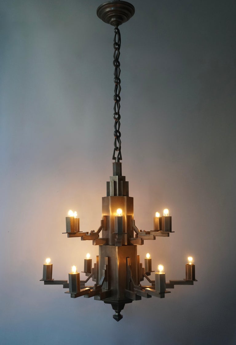 French Art Deco Geometric Tiered Steel Chandelier For Sale 6