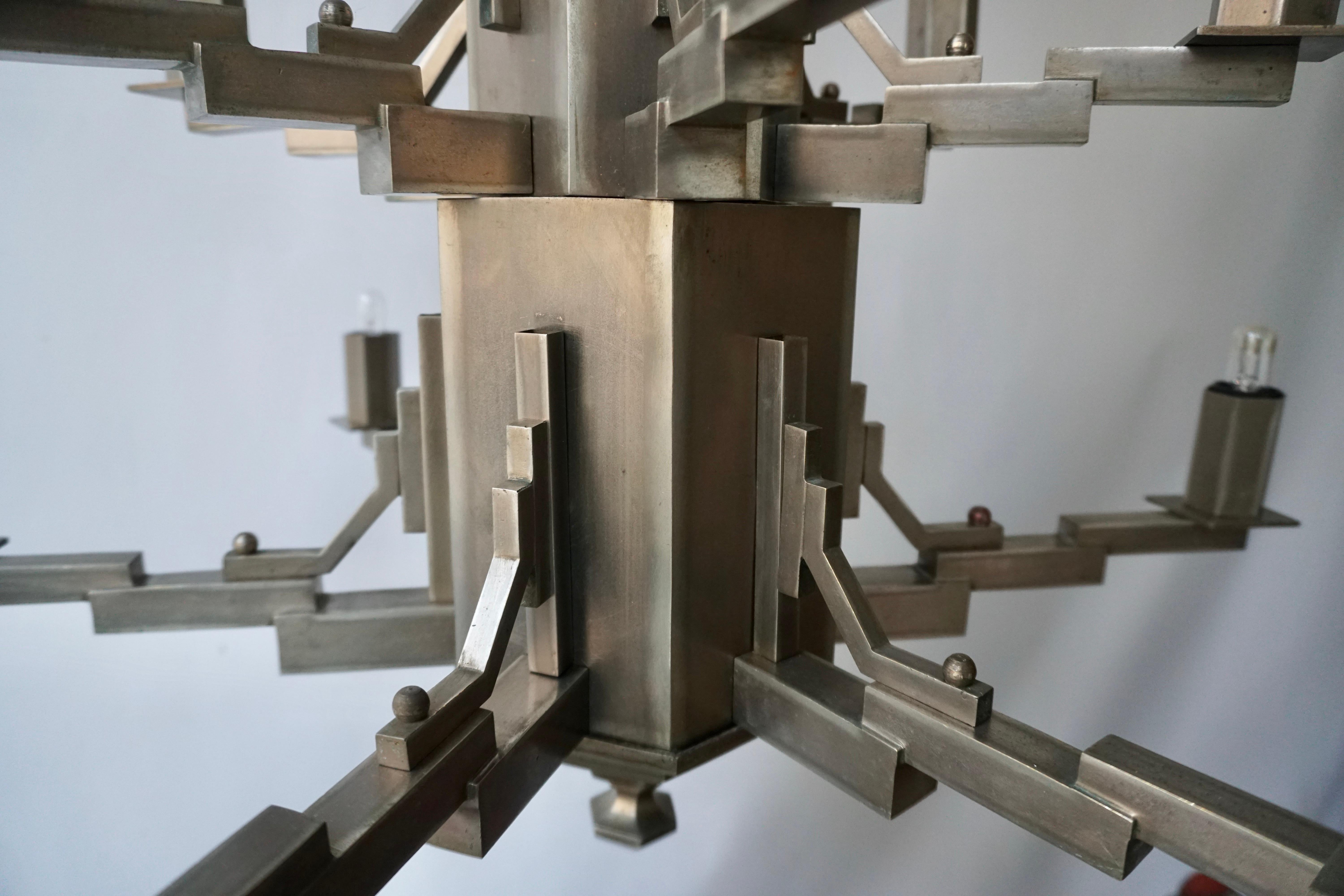 French Art Deco Geometric Tiered Steel Chandelier 7
