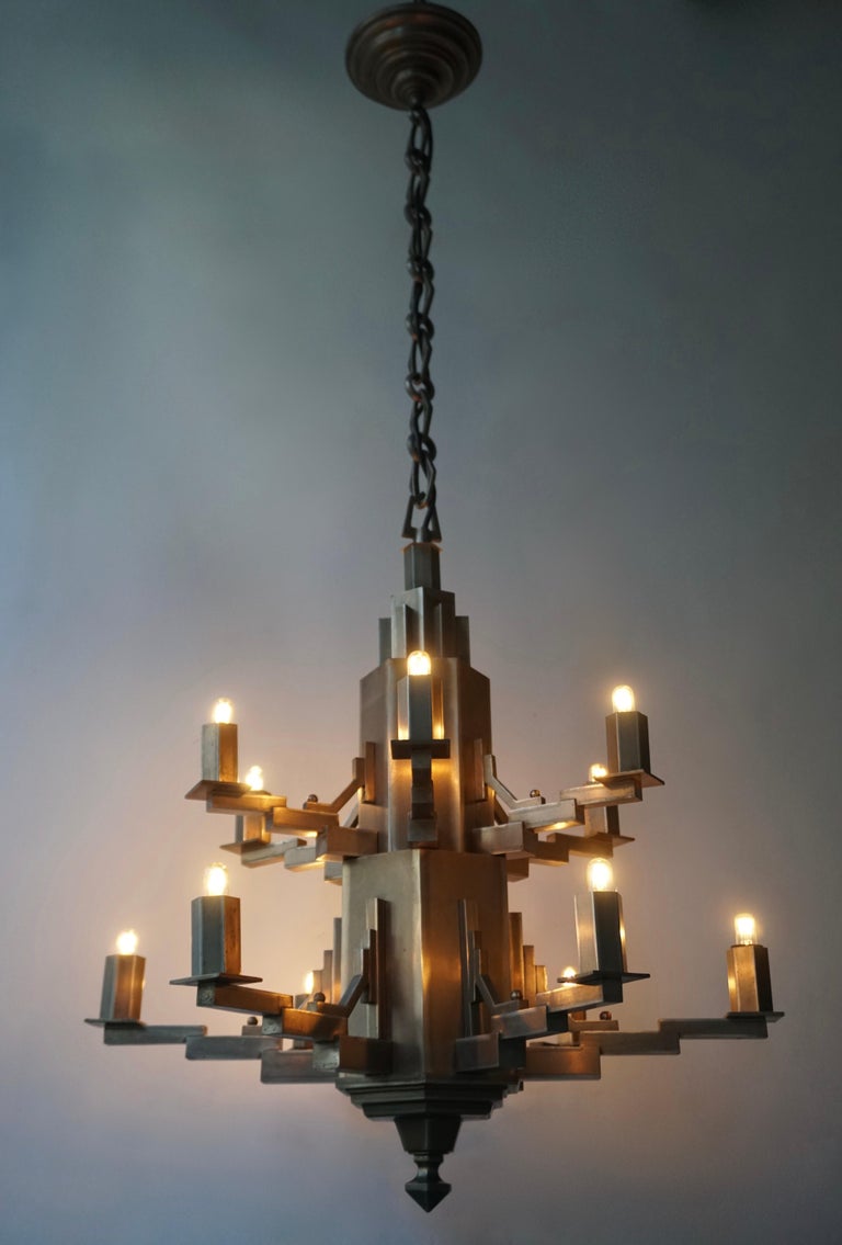 20th Century French Art Deco Geometric Tiered Steel Chandelier For Sale