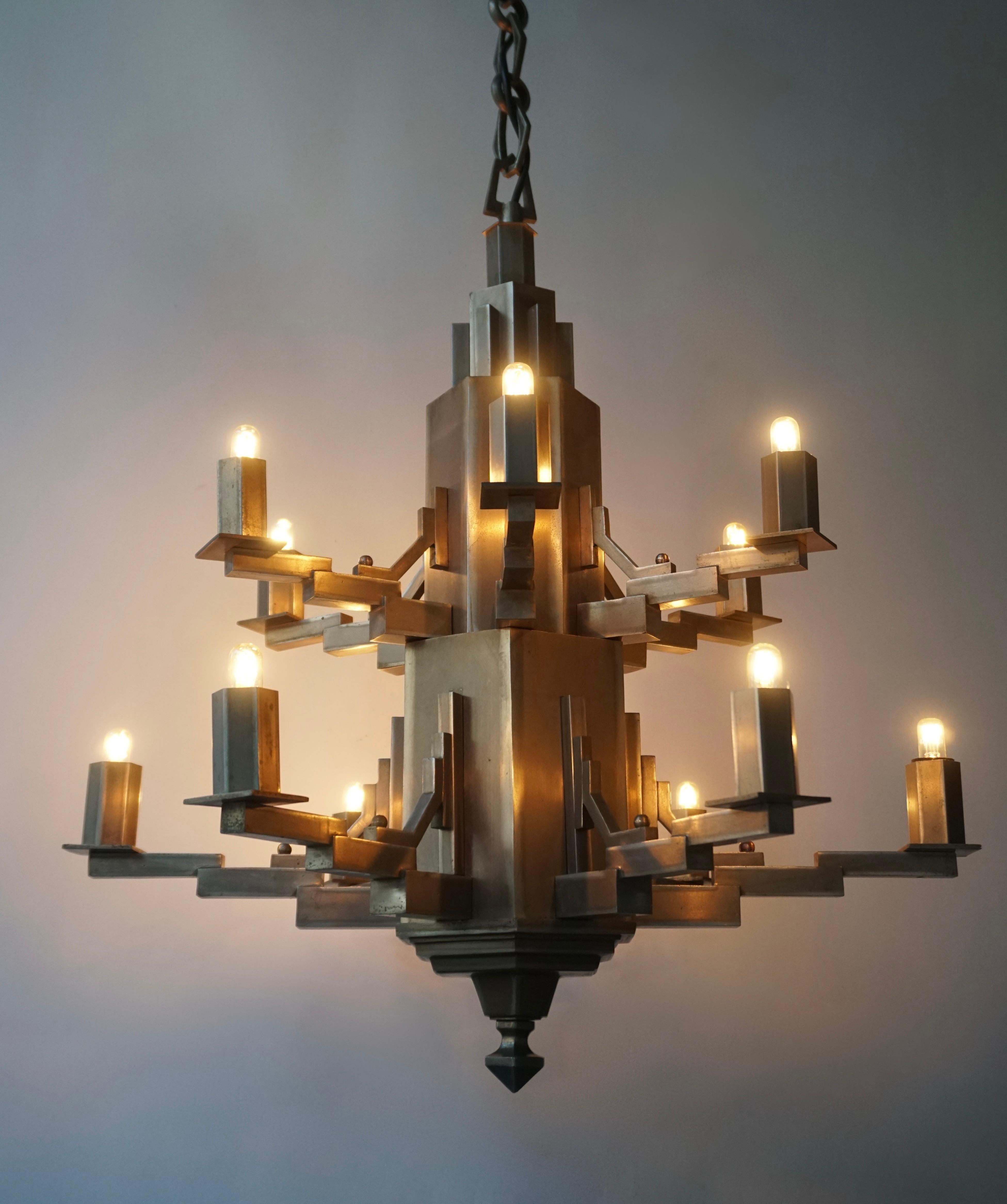 French Art Deco Geometric Tiered Steel Chandelier 1