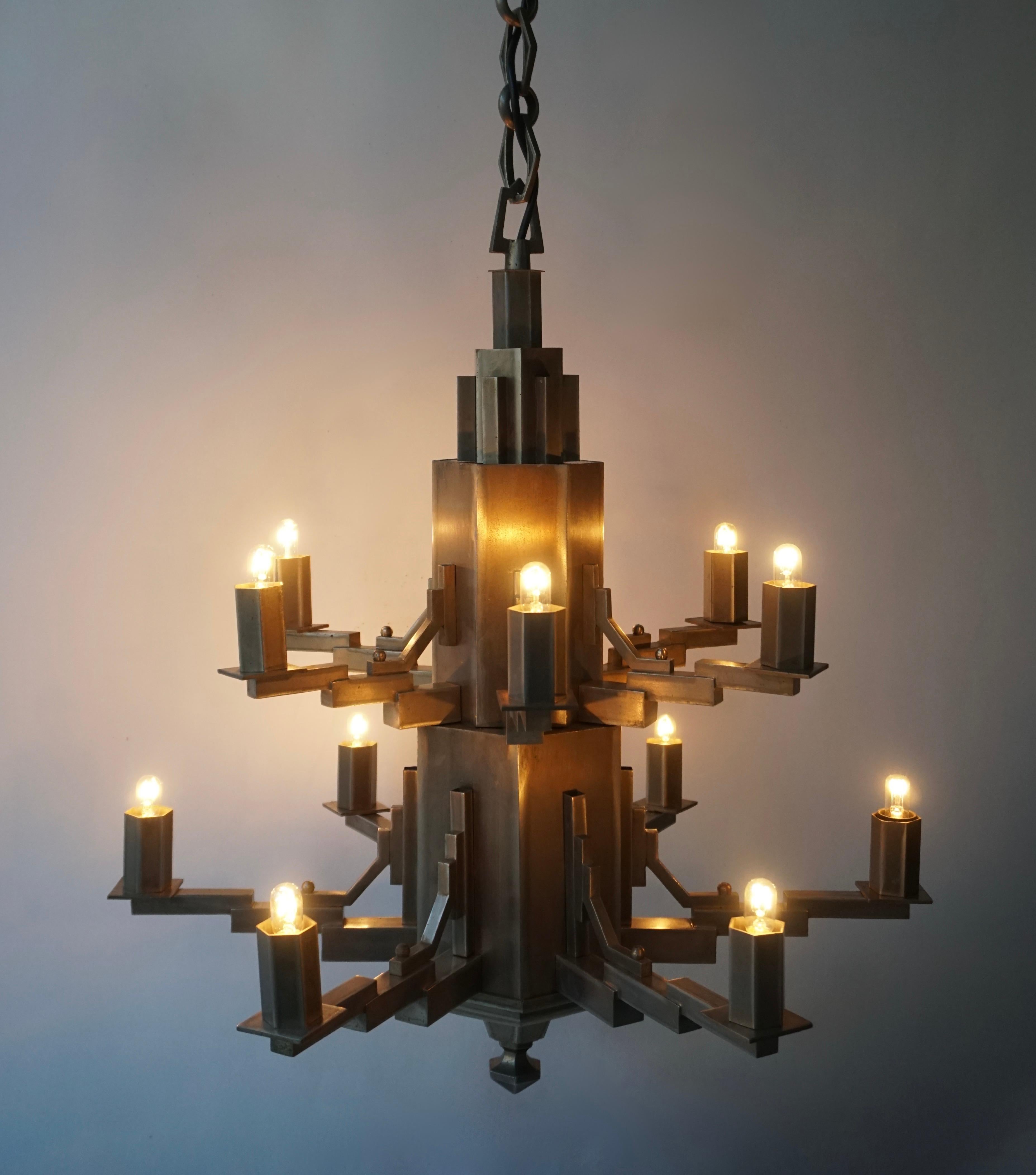 French Art Deco Geometric Tiered Steel Chandelier 2