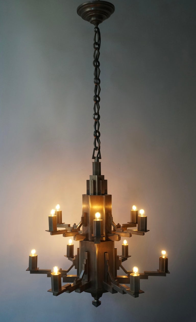 French Art Deco Geometric Tiered Steel Chandelier For Sale 3