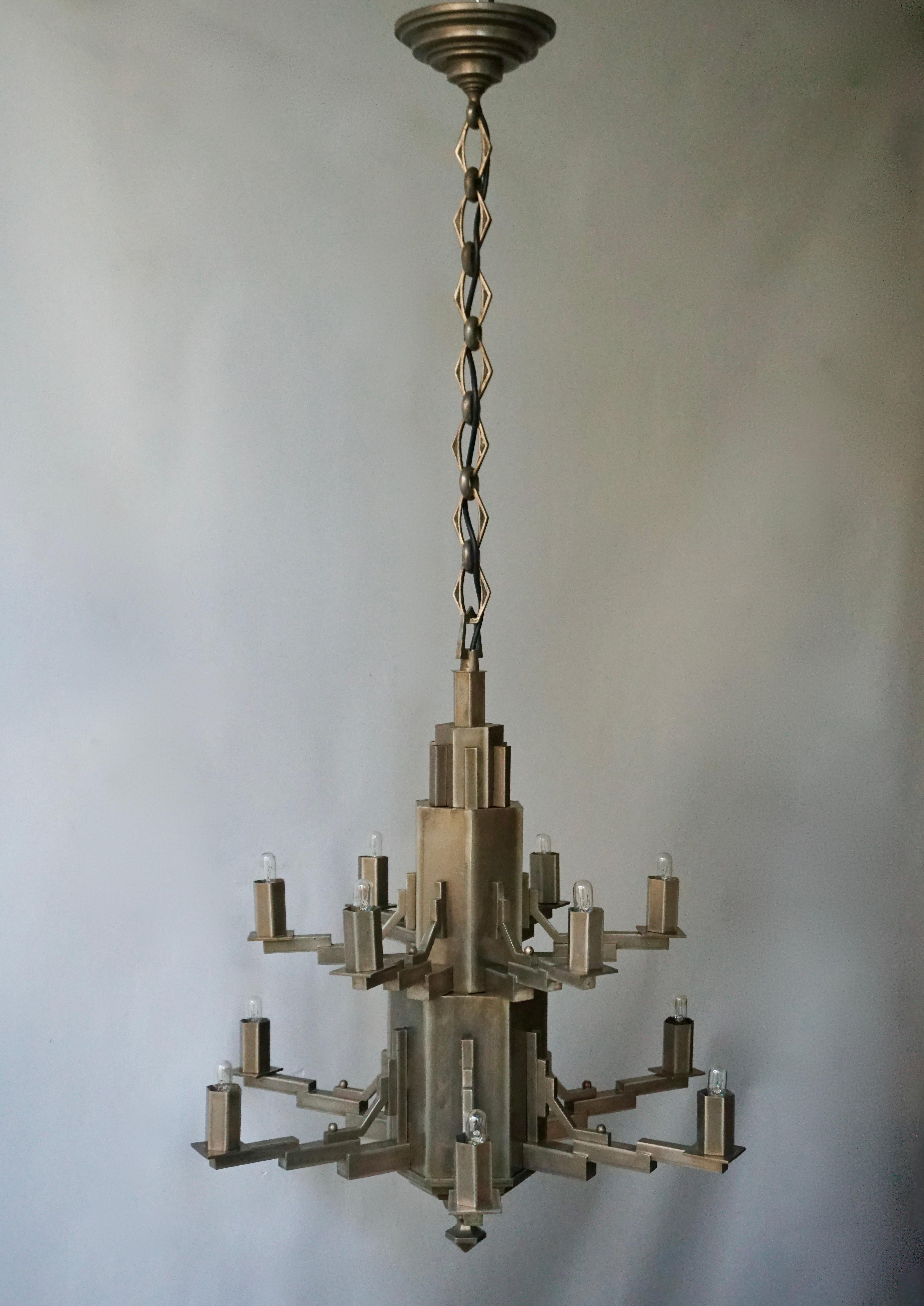 French Art Deco Geometric Tiered Steel Chandelier 4