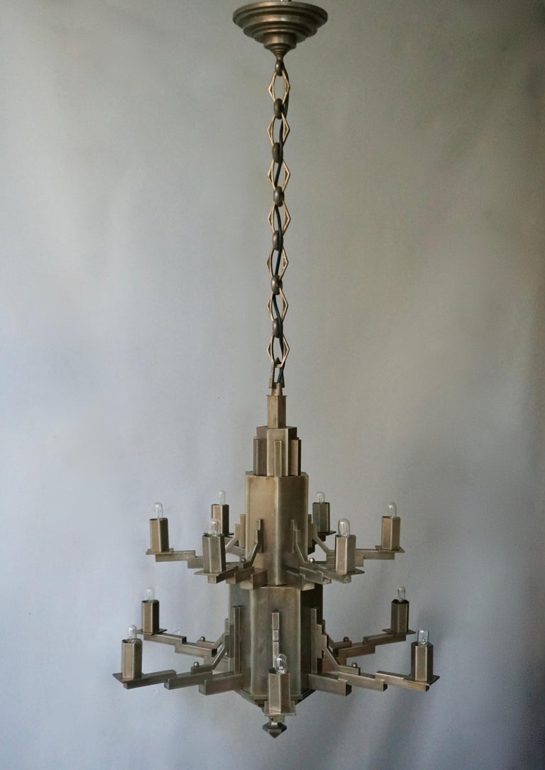 French Art Deco Geometric Tiered Steel Chandelier For Sale 4