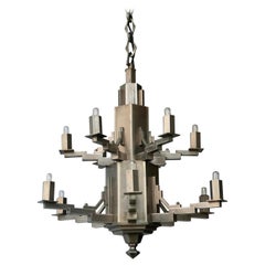 French Art Deco Geometric Tiered Steel Chandelier