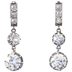 Antique French Art Deco GIA 1.11 Carat and 1.36 Carat Diamond Platinum Drop Earrings