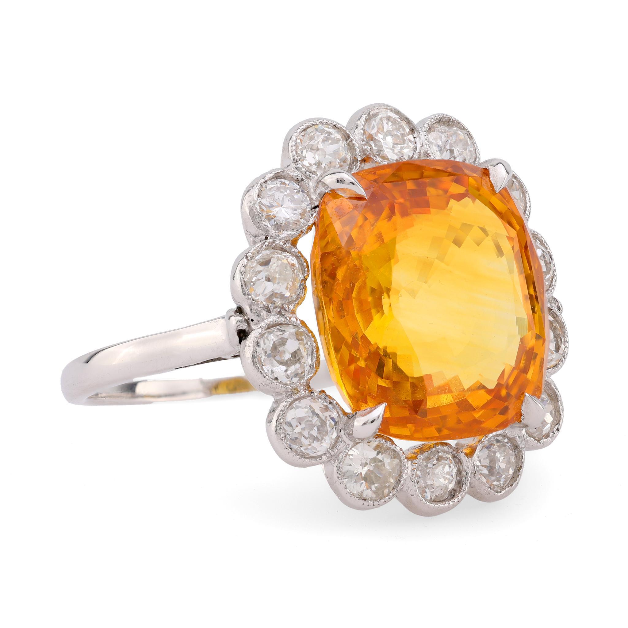 Anillo francés Art Déco GIA 11,22 quilates zafiro naranja diamante platino Art Decó